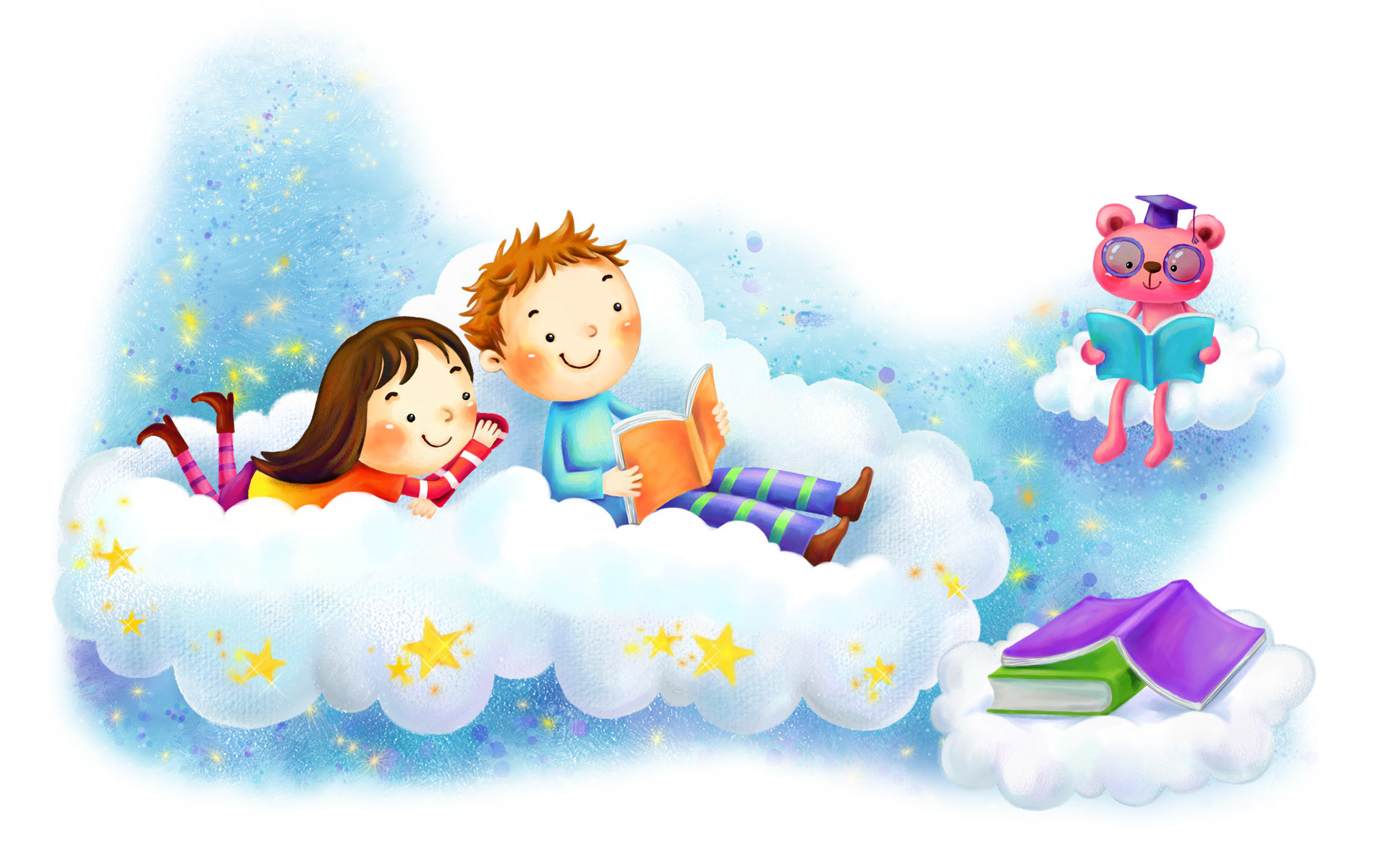 Bambini, Lettura, Nuvola, Libri, Illustrazione, 1920x1200, sfondo per PC