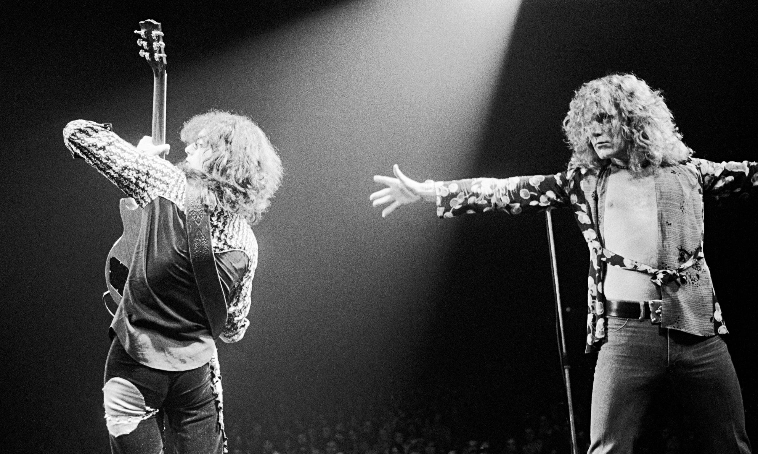 Jimmy Page, Robert Plant, Led Zeppelin, Concerto, Bianco e nero, sfondo 2K per computer