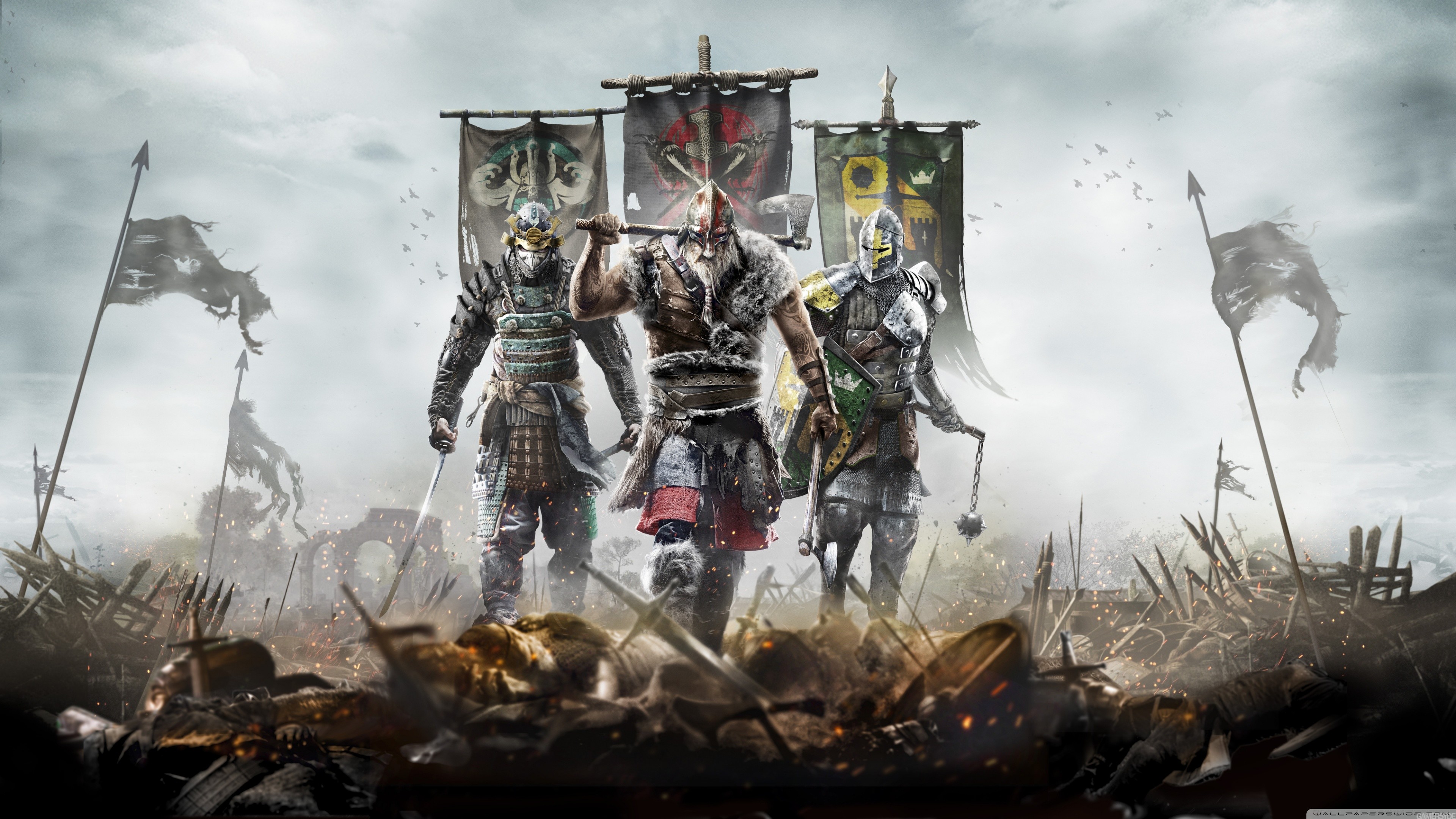 For Honor, Cavaliere, Samurai, Vichingo, Stendardi, 4K 2160p, sfondo desktop