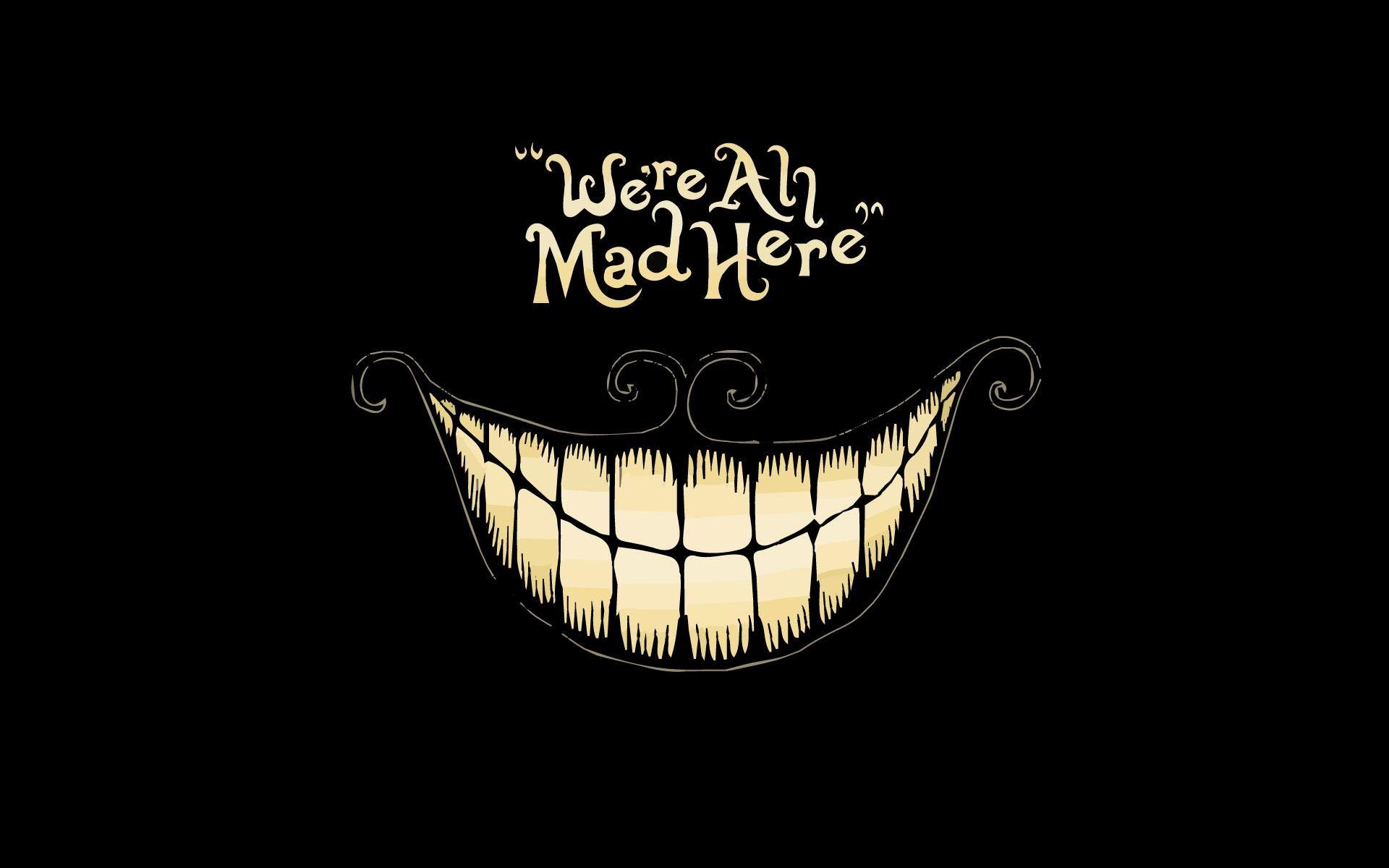 Stregatto, Alice nel Paese delle Meraviglie, We're All Mad Here, Sorriso, Sfondo nero, wallpaper Full HD