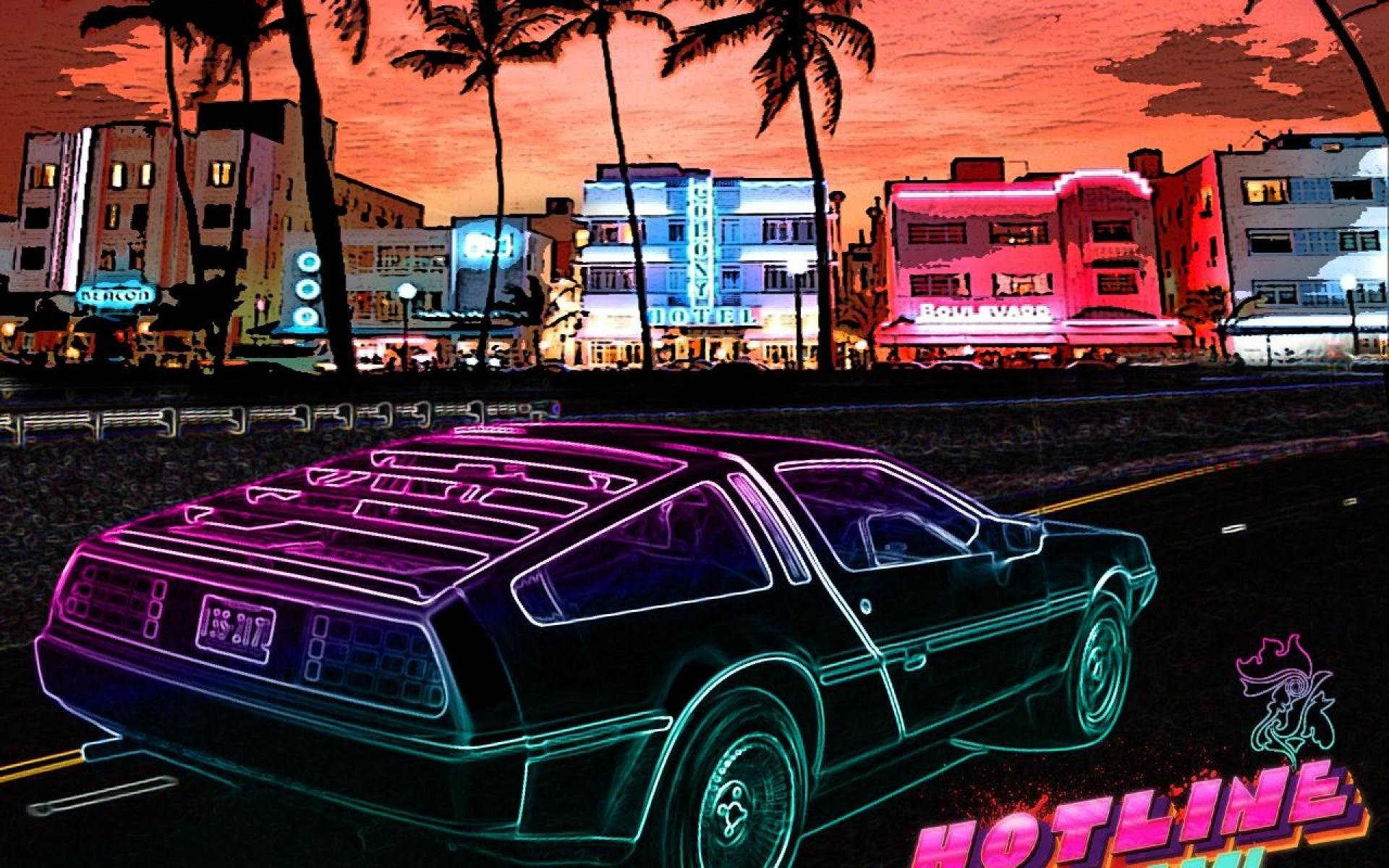 DeLorean, Hotline Miami, Miami Beach, Ocean Drive, Tramonto, Neon, sfondo desktop 1920x1200