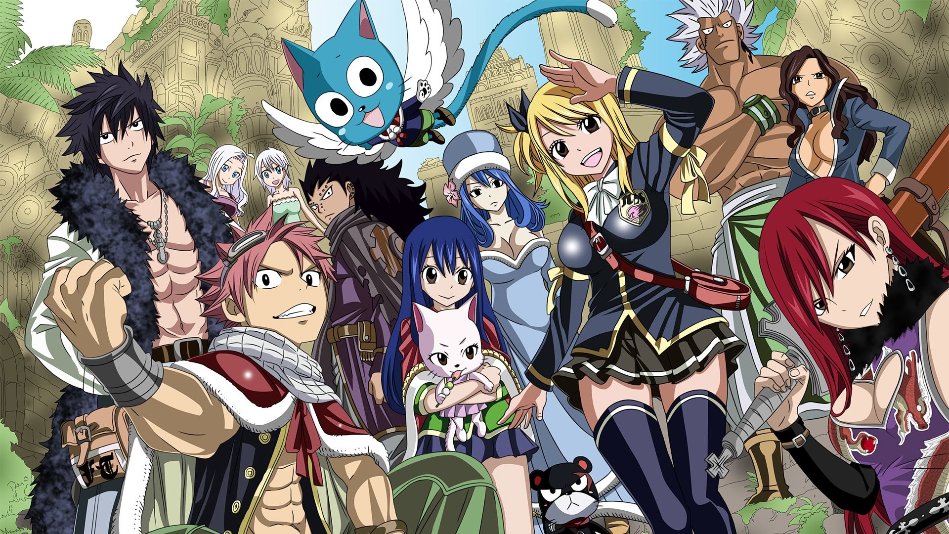 Fairy Tail, Natsu Dragneel, Lucy Heartfilia, Happy, Erza Scarlet, Gruppo, sfondo Full HD per PC