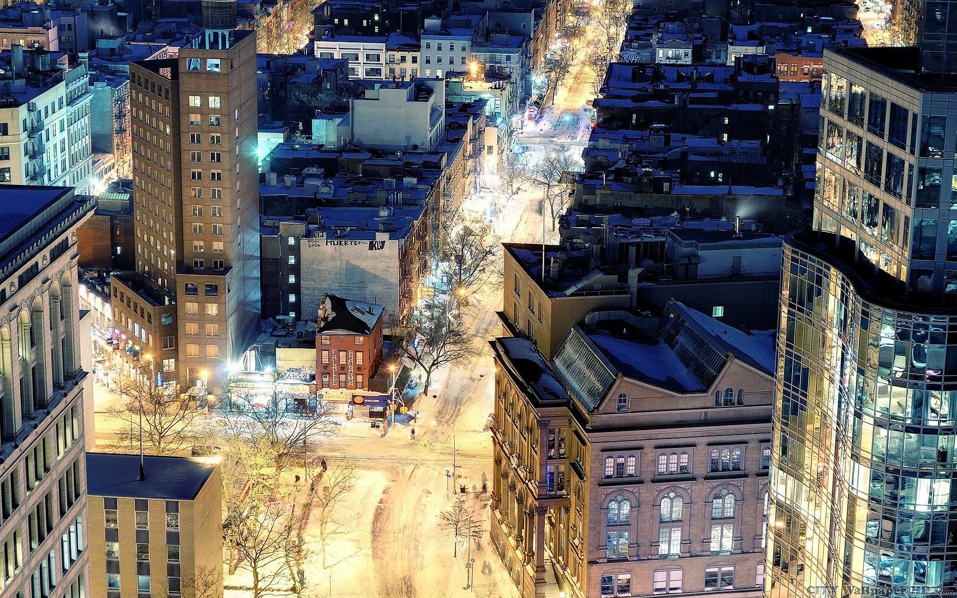 Città, Neve, Notte, Vista aerea, Full HD, wallpaper per computer