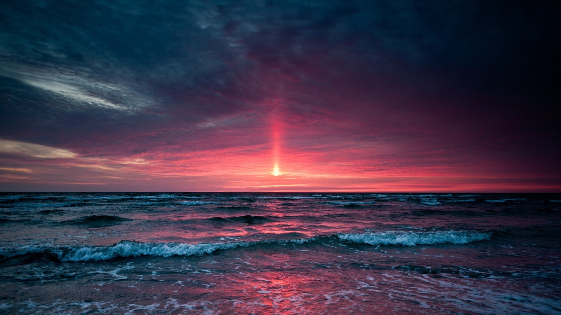 Oceano, Tramonto, Cielo rosso, Onde, Full HD, wallpaper desktop