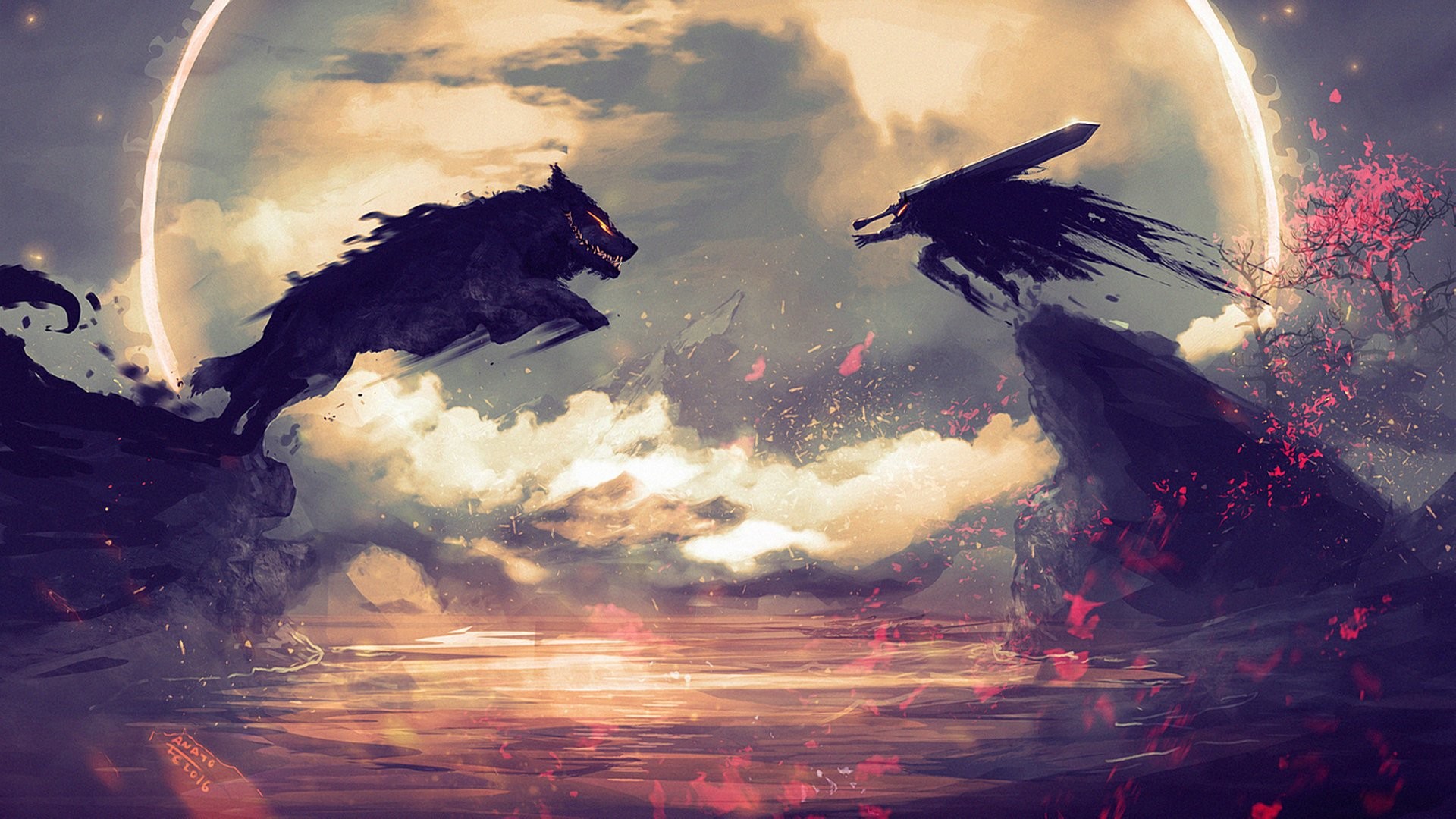 Berserk, Lupo, Cane, Luna, Fan art, Pittura digitale, 1920x1080, immagine di sfondo
