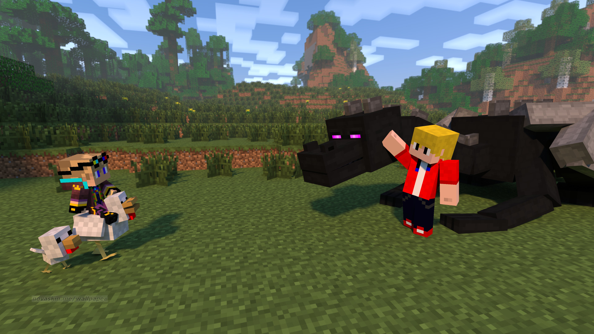 Minecraft, Ender Dragon, Skin, Prato, Gallina, 16:9 Full HD, wallpaper widescreen