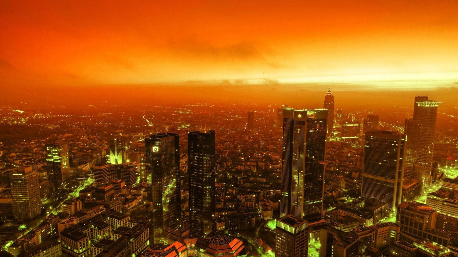 Francoforte, Skyline, Città, Tramonto arancione, 1920x1080, immagine di sfondo