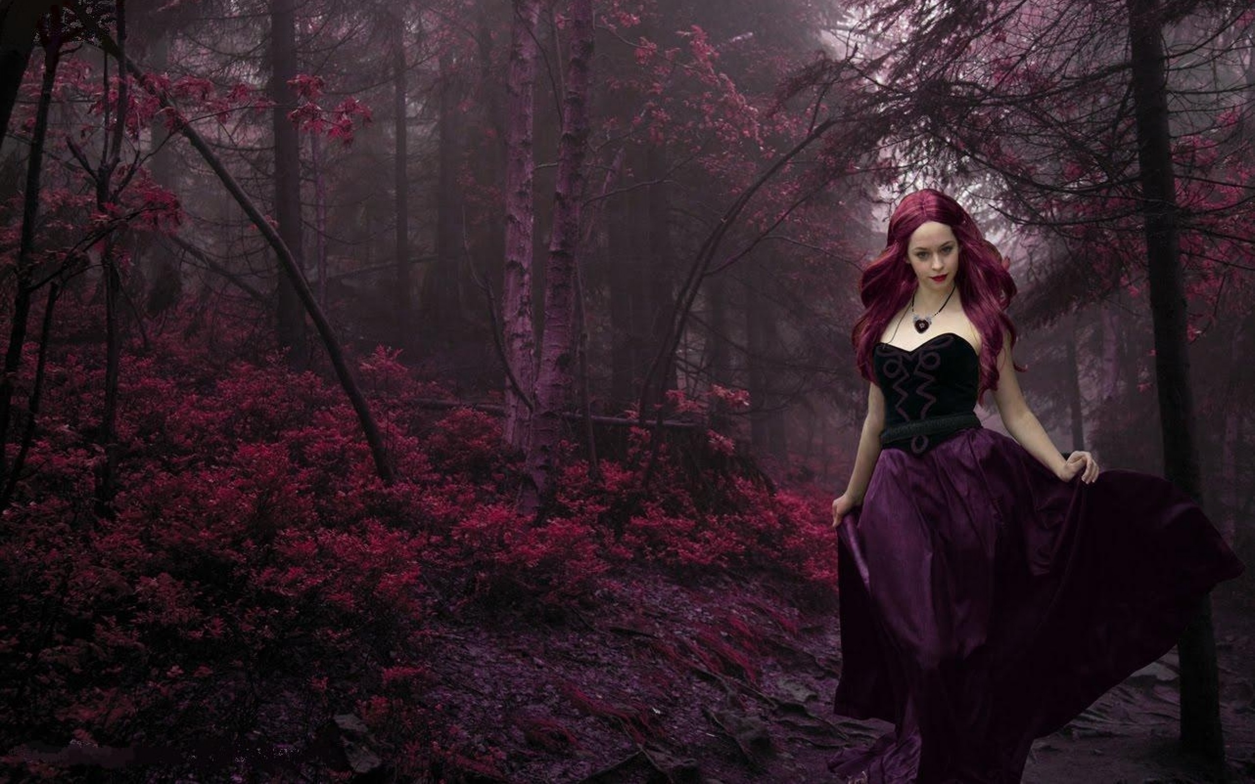 Ragazza gotica, Foresta, Capelli rosa, Abito viola, 16:10 2K, sfondo widescreen