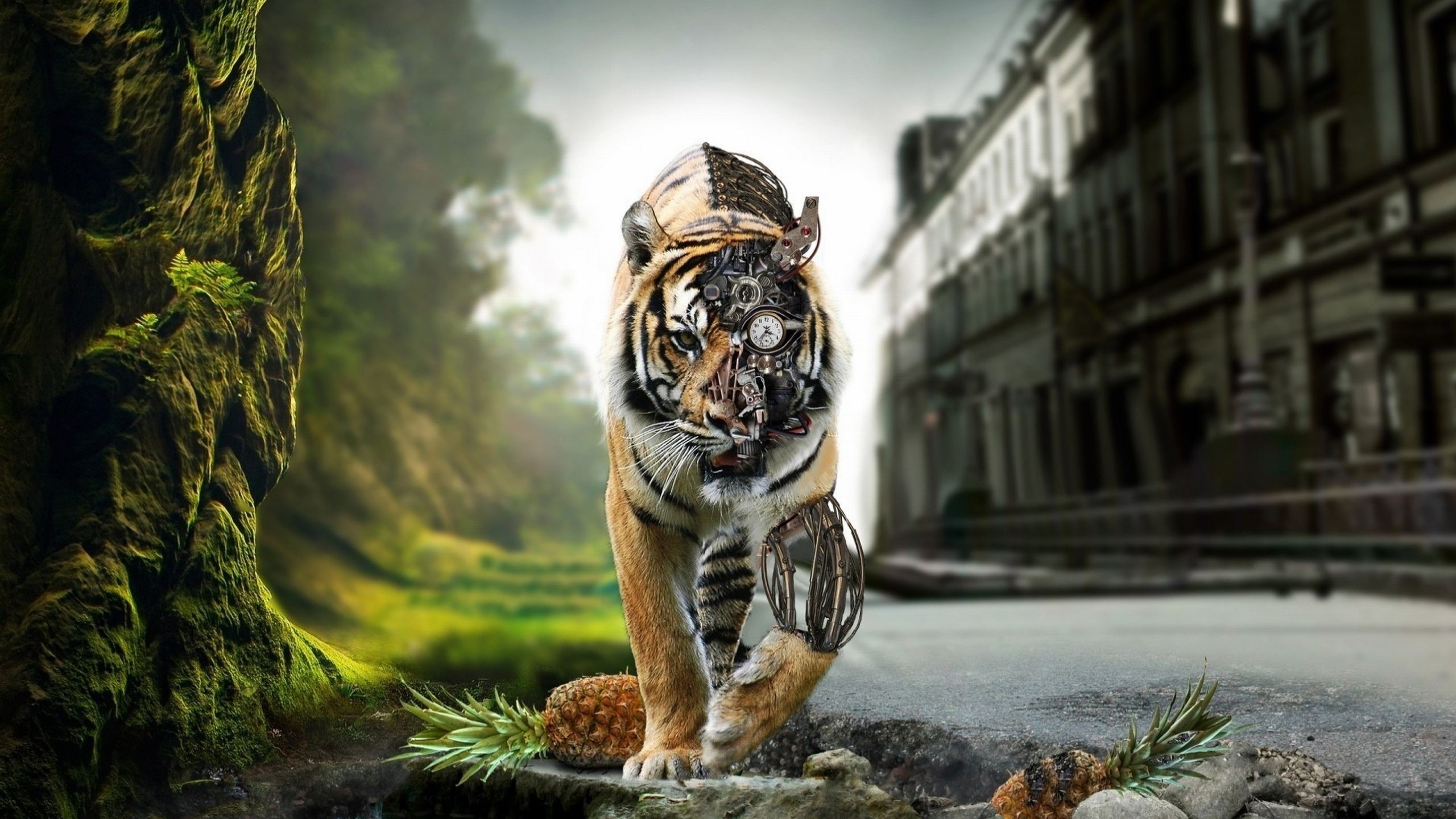 Tigre robotica, Cyborg, Foresta, Città, Fotomontaggio, 16:9 2K, sfondo widescreen