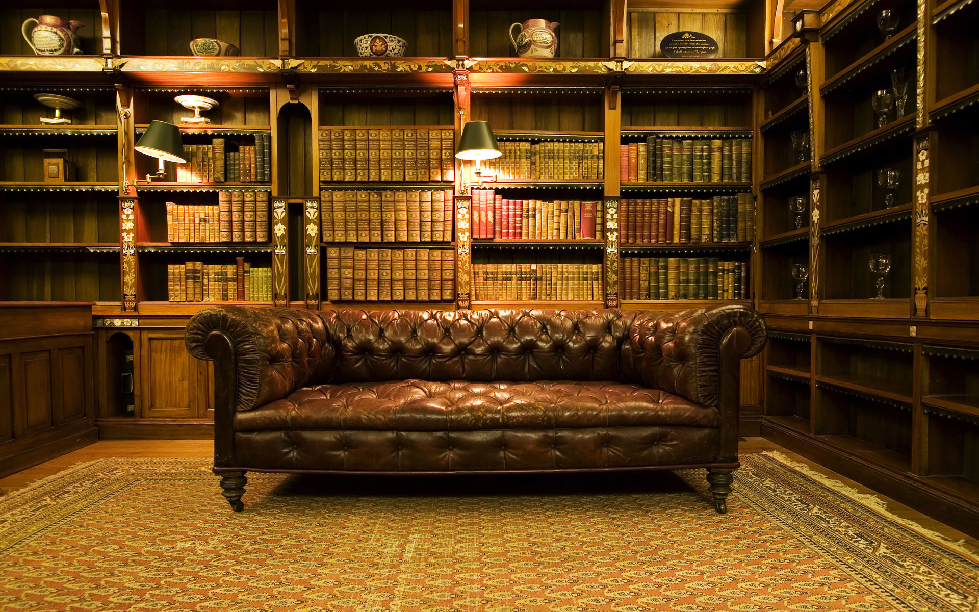 Divano Chesterfield, Biblioteca, Libreria, Pelle, Full HD, wallpaper per computer
