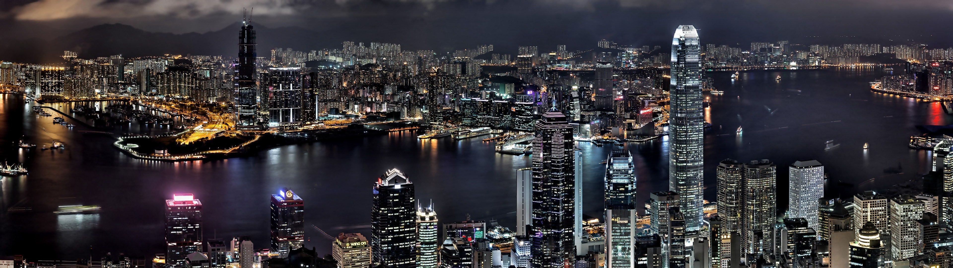 Hong Kong, Victoria Harbour, Skyline, Notte, Full HD, sfondo desktop