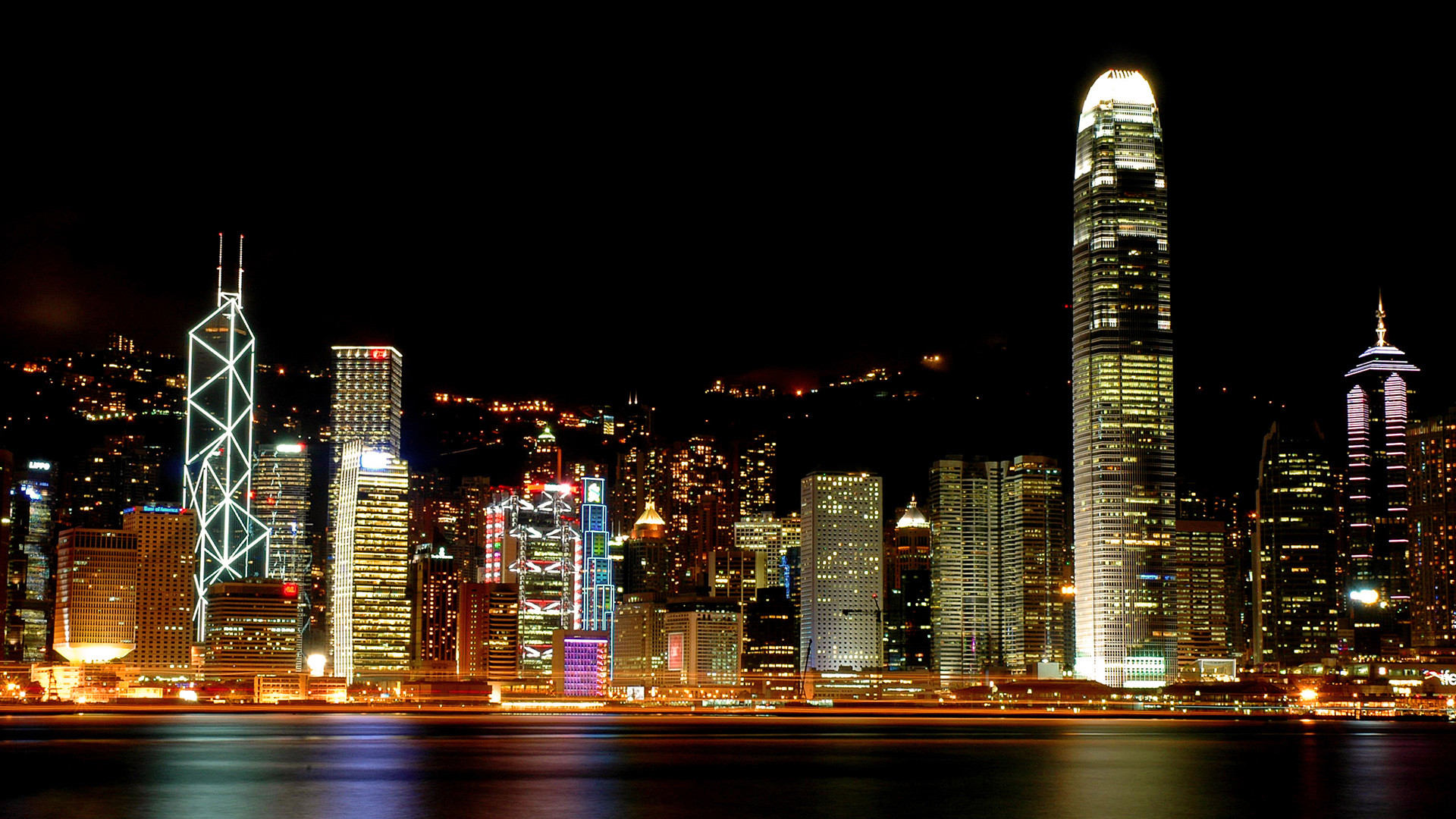 Hong Kong, Victoria Harbour, Two IFC, Bank of China Tower, Notte, wallpaper per portatile