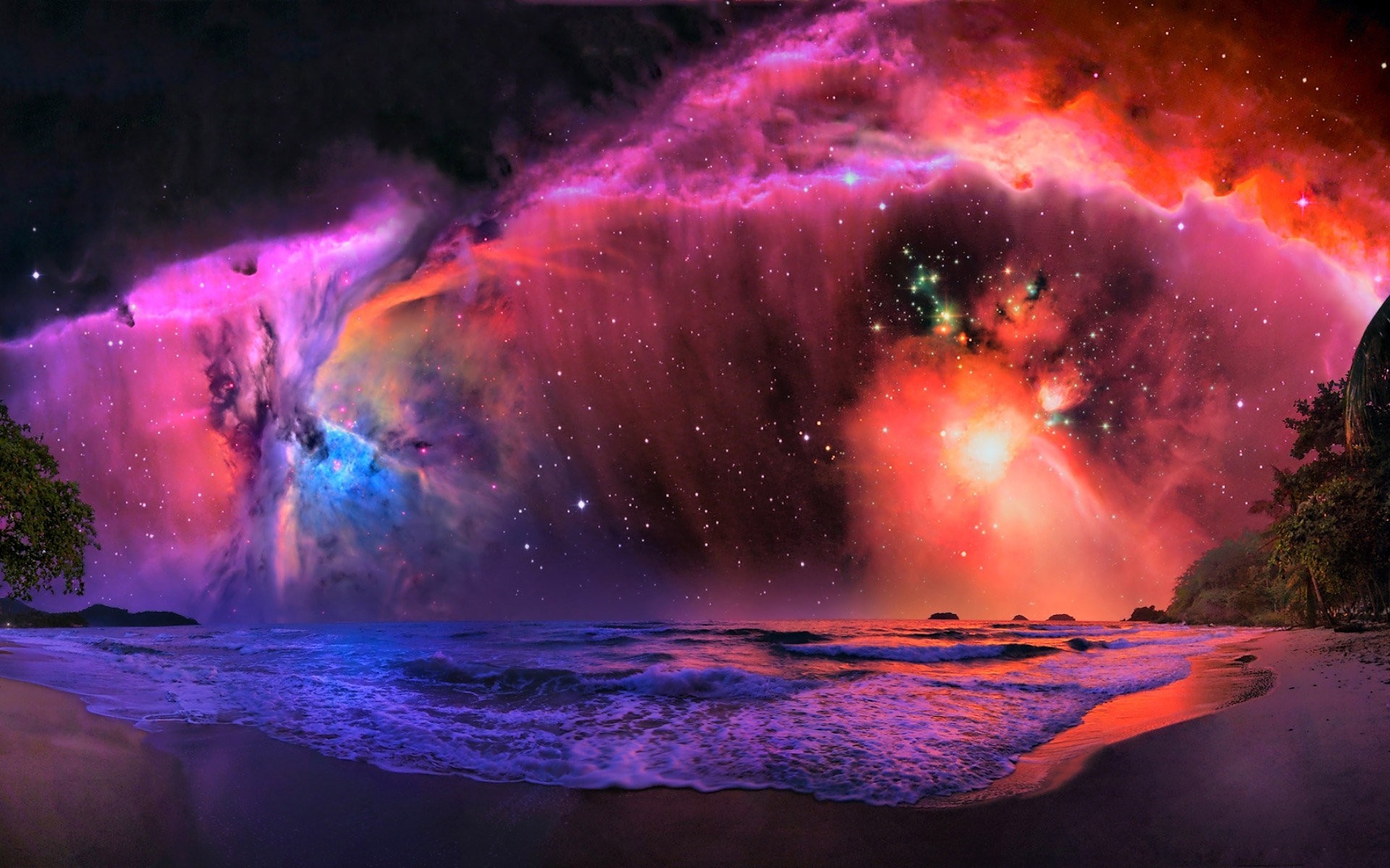 Nebulosa, Spiaggia, Arte digitale, Surreale, Rosa, 16:10 Full HD, sfondo widescreen
