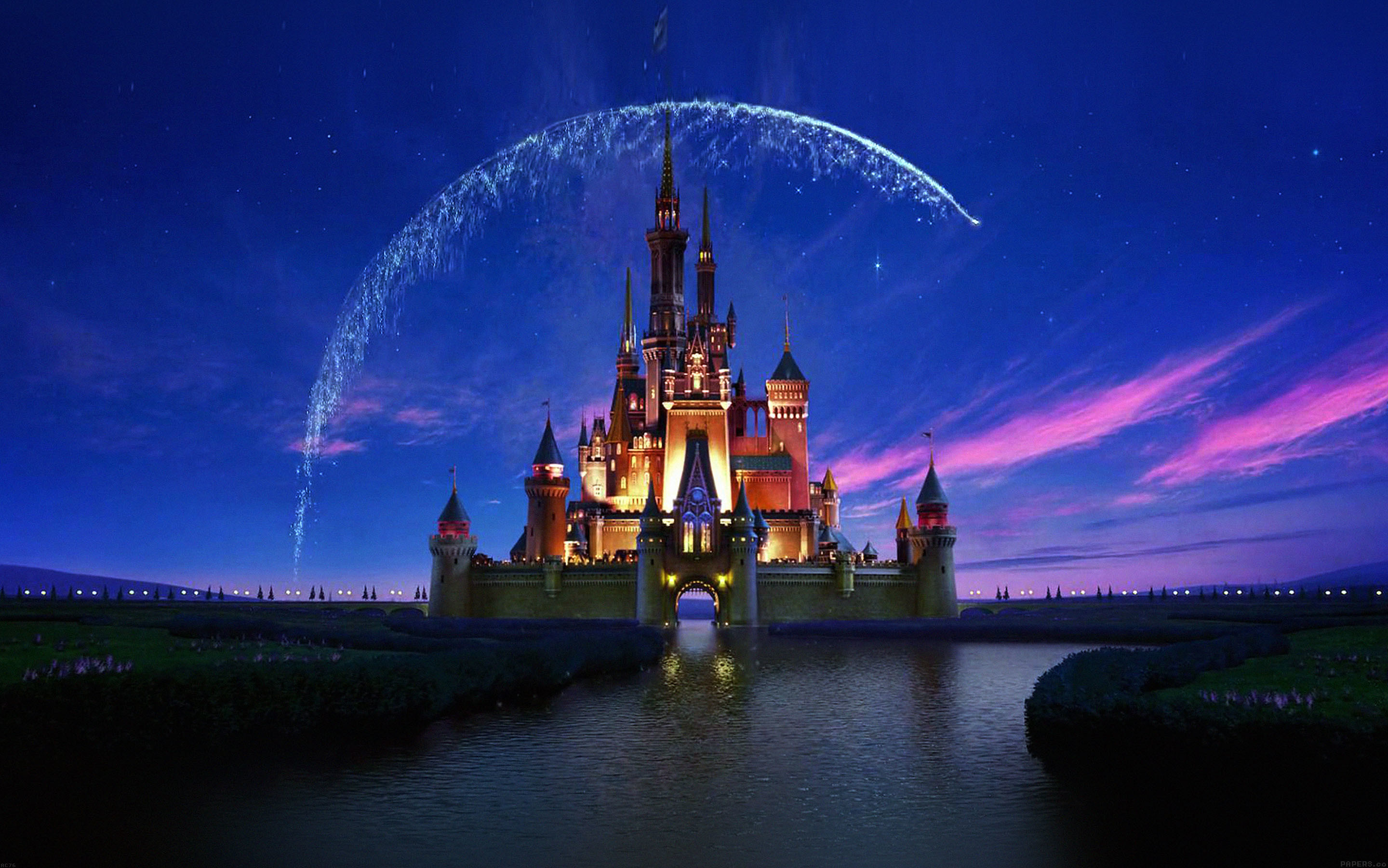 Castello Disney, Disney, Notte, Cielo viola, Fuochi d'artificio, sfondo desktop 2K