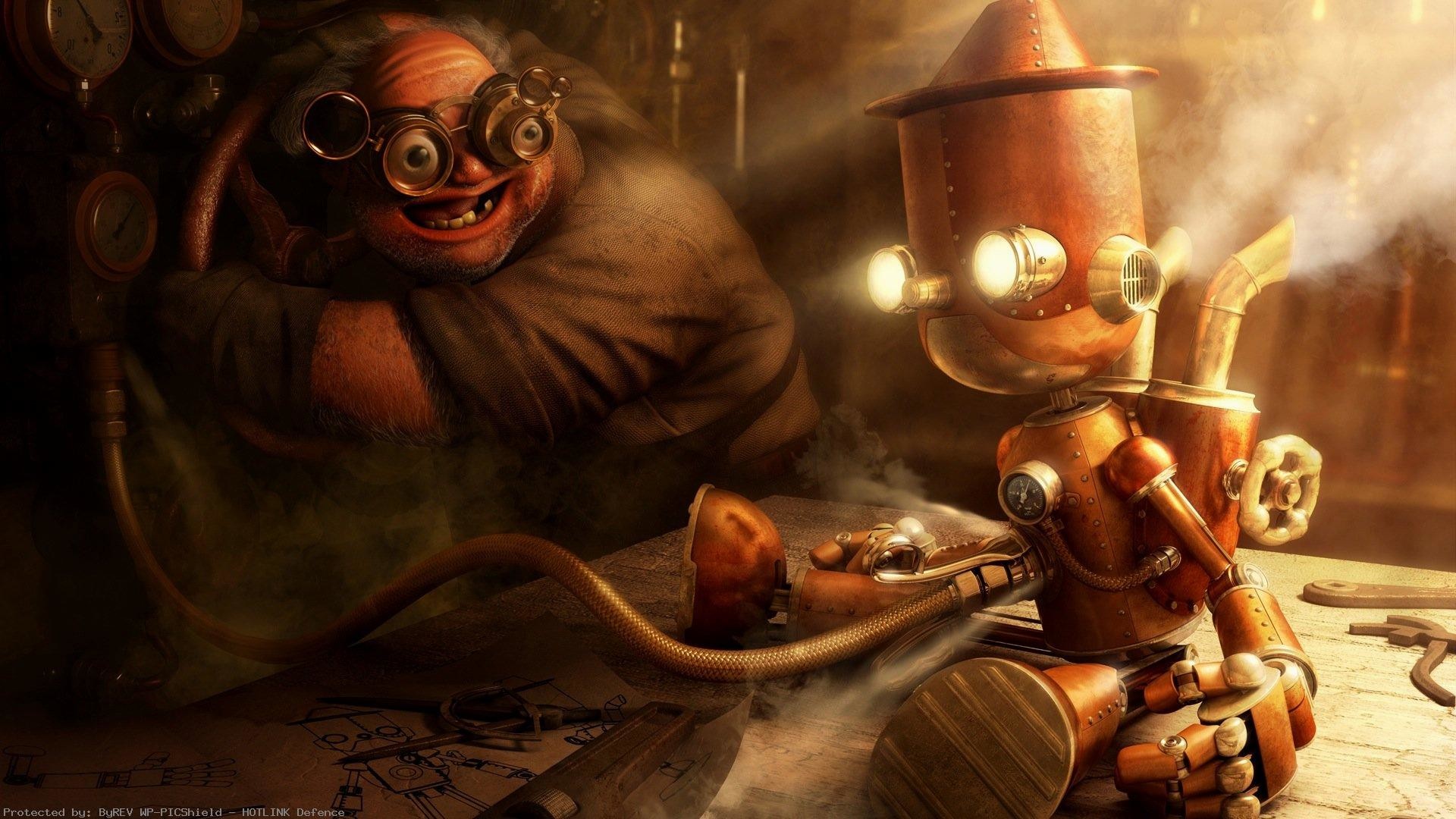 Robot, Inventore, Occhiali, Steampunk, 16:9 Full HD, sfondo widescreen