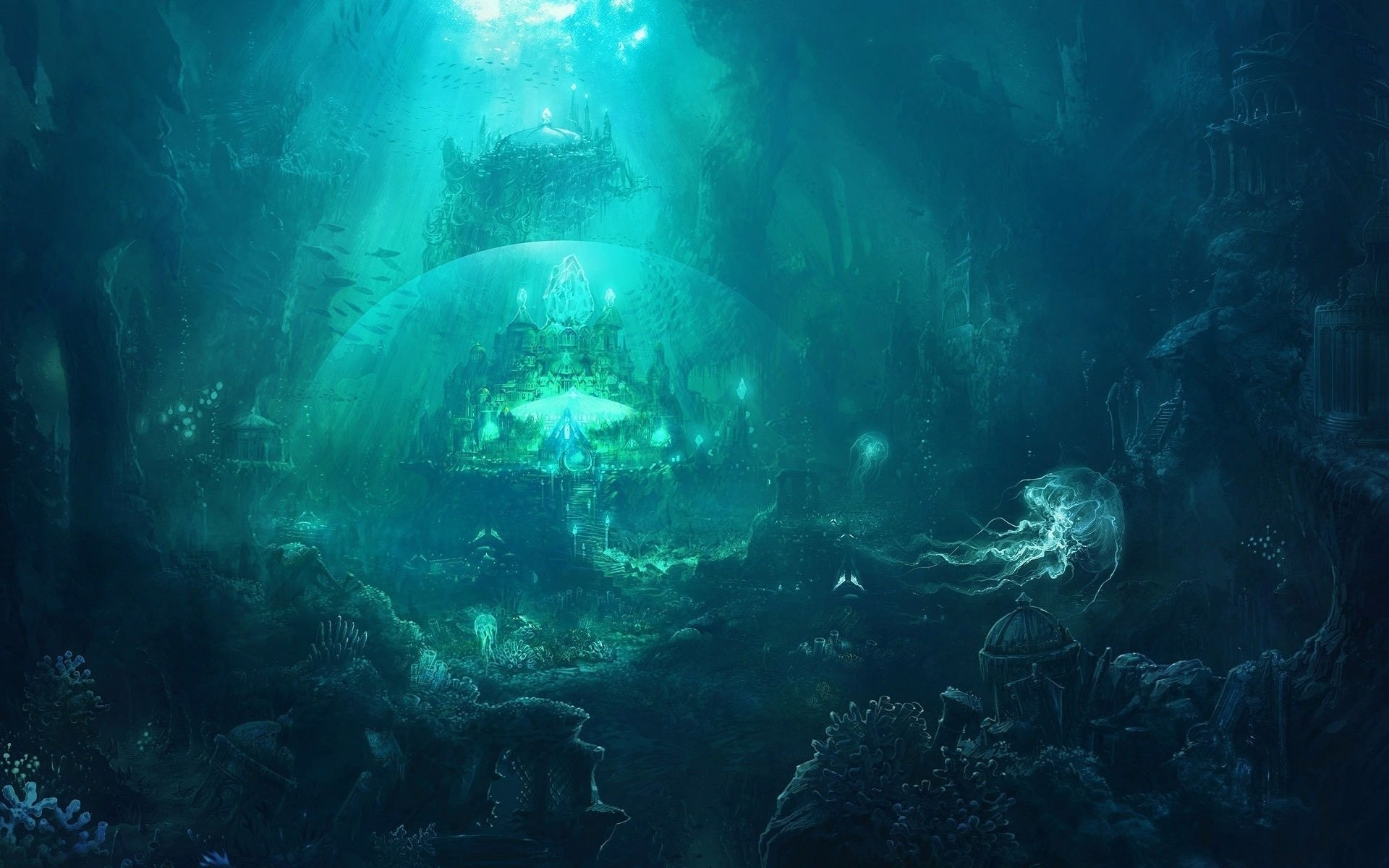 Fondale marino, Medusa, Fantasy, Sott'acqua, Verde acqua, Full HD, sfondo per PC