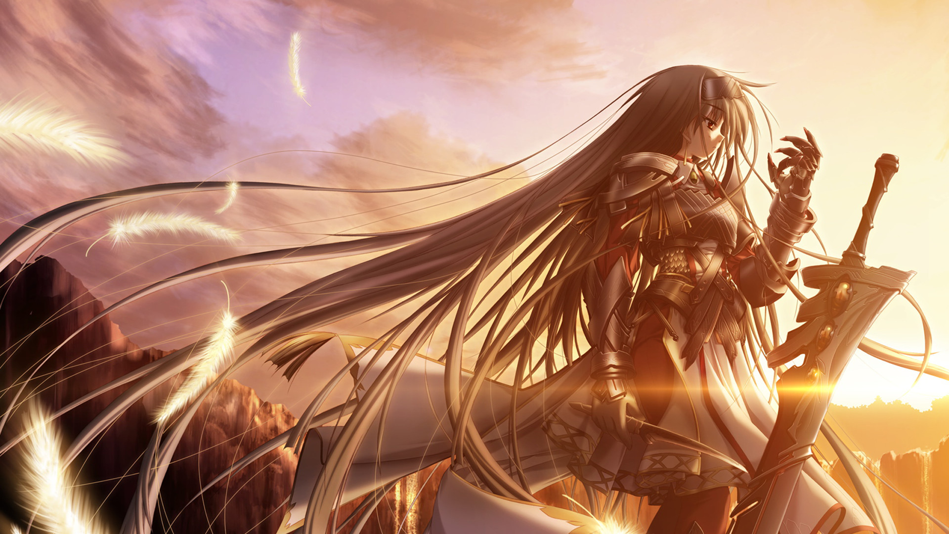 Ragazza anime, Spada, Capelli lunghi, Tramonto, Full HD, sfondo per PC