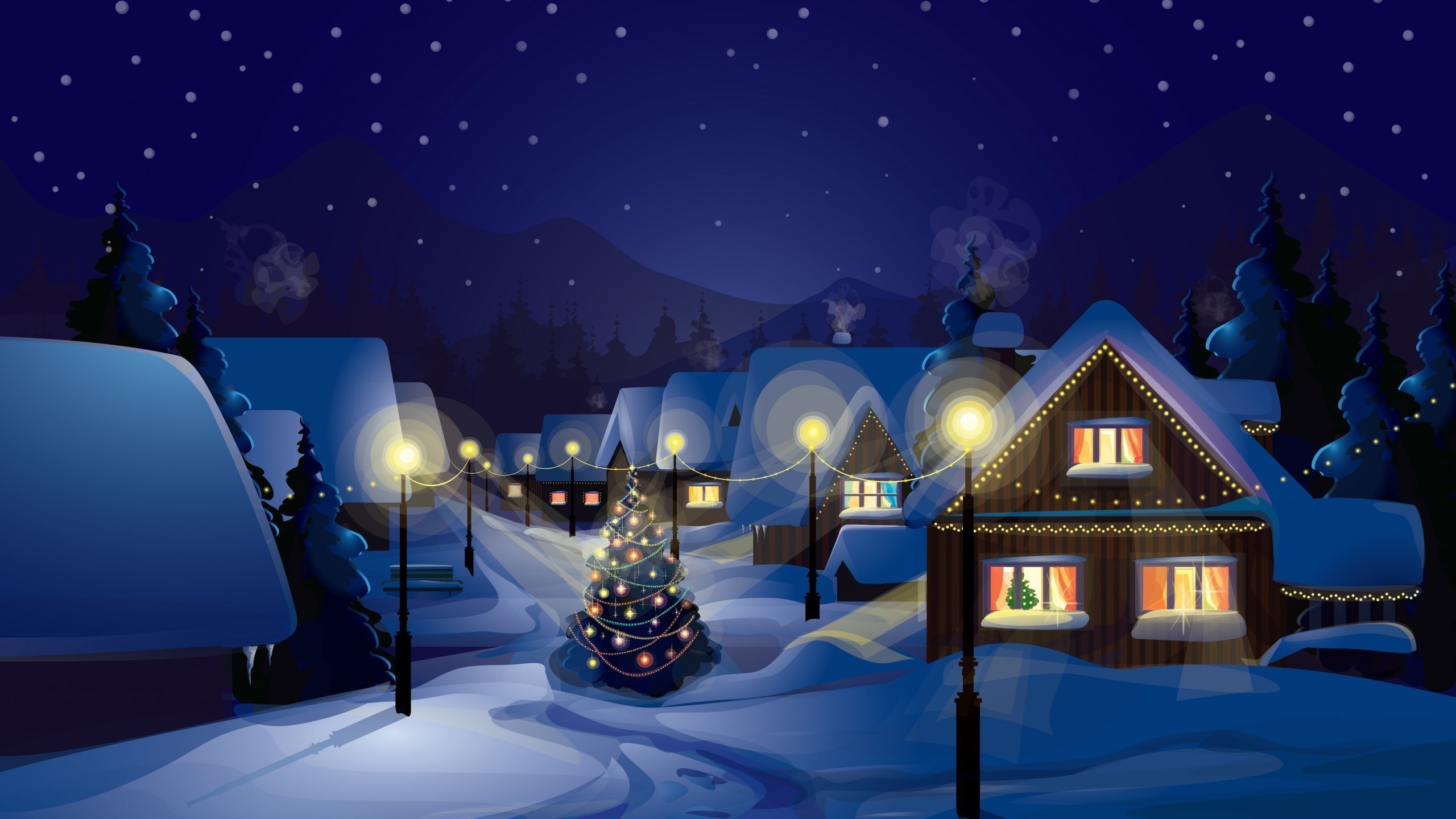 Villaggio innevato, Albero di Natale, Lampioni, Notte, 2560x1440, sfondo per PC