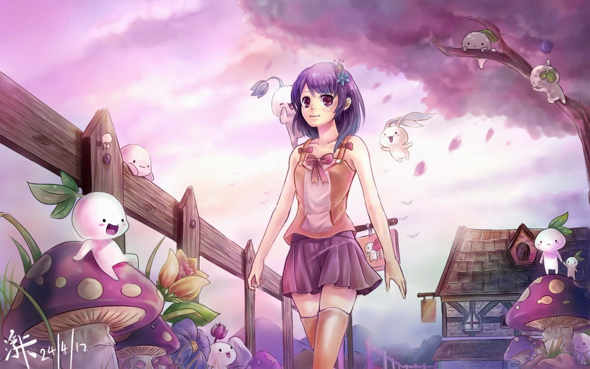 Ragazza anime, Fiori di ciliegio, Petali, Funghi, Coniglietti, Rosa e viola, immagine di sfondo