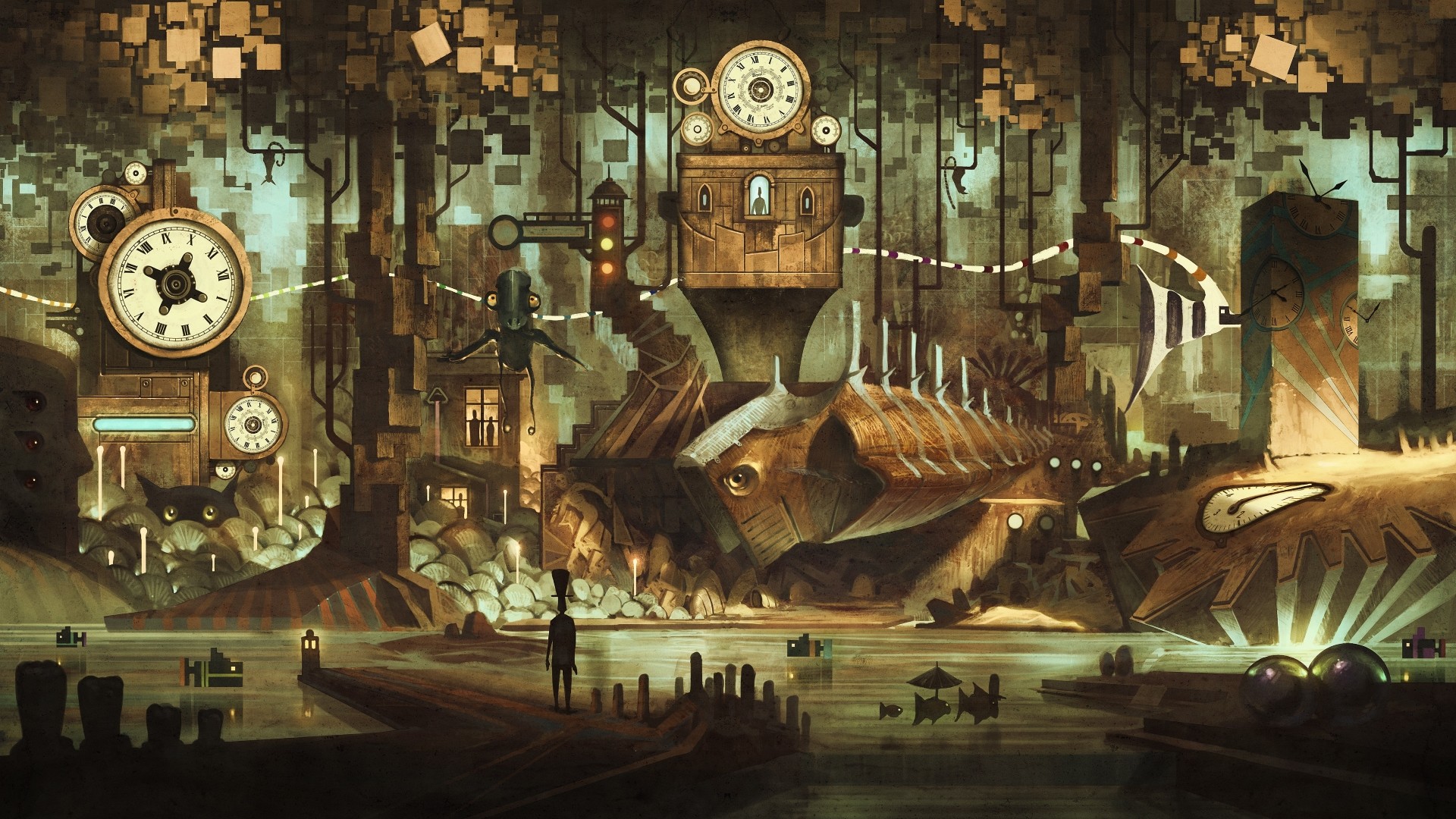 Steampunk, Orologi, Città fantastica, Arte digitale, 1920x1080, wallpaper desktop