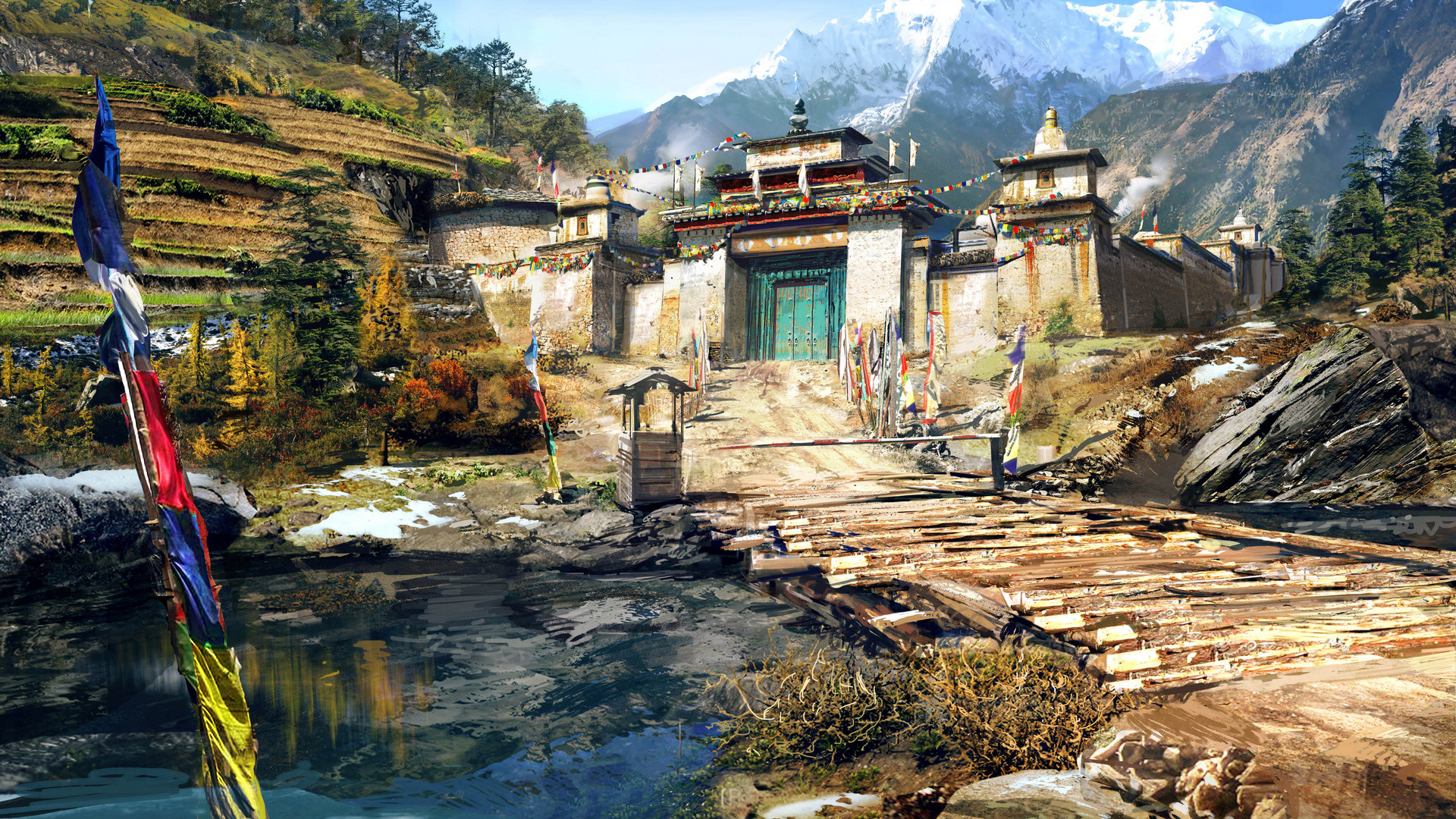 Far Cry 4, Kyrat, Tempio, Bandiere di preghiera, Full HD, sfondo Windows 11