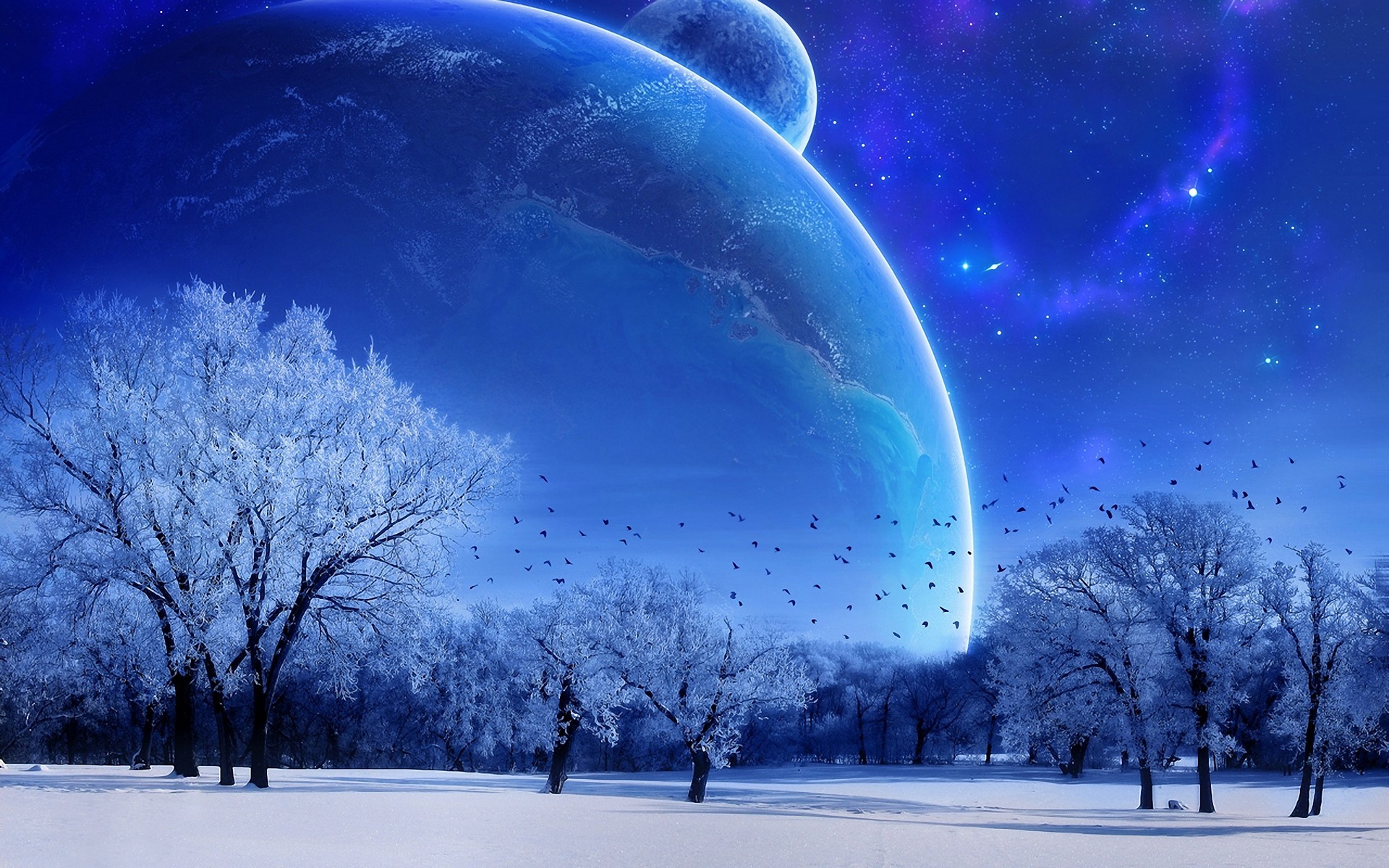 Pianeta, Alberi innevati, Fantasy, Notte, Blu, 16:10 Full HD, wallpaper widescreen