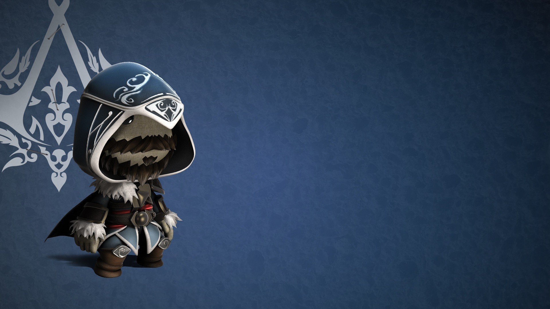 Sackboy, LittleBigPlanet, Costume da Ezio, Assassin's Creed, Sfondo blu, wallpaper desktop Full HD