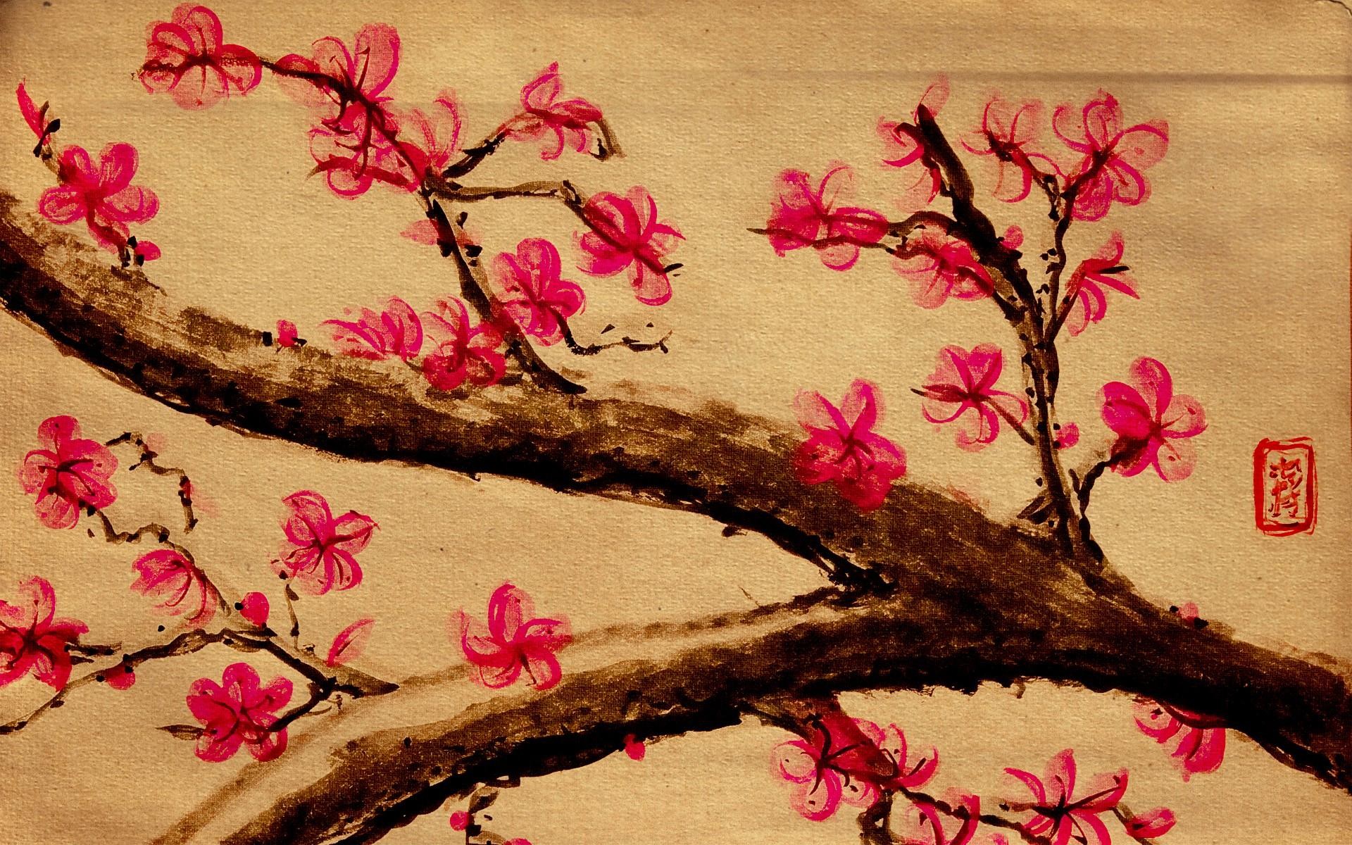 Fiori di ciliegio, Sakura, Ramo, Pittura giapponese, Rosso, 1920x1200, sfondo per PC