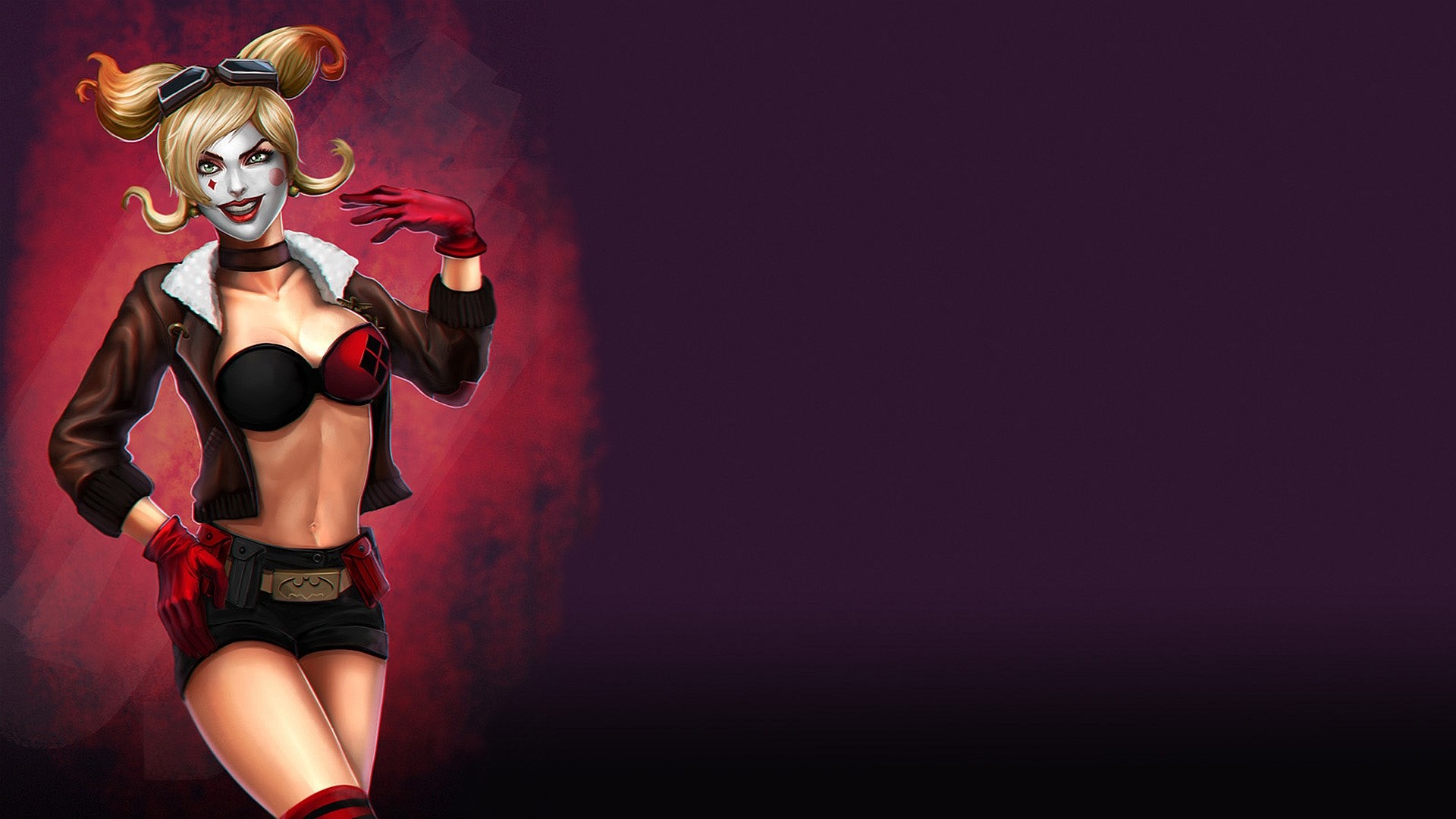 Harley Quinn, Fan art, Giacca di pelle, Sfondo viola, Full HD, wallpaper per computer