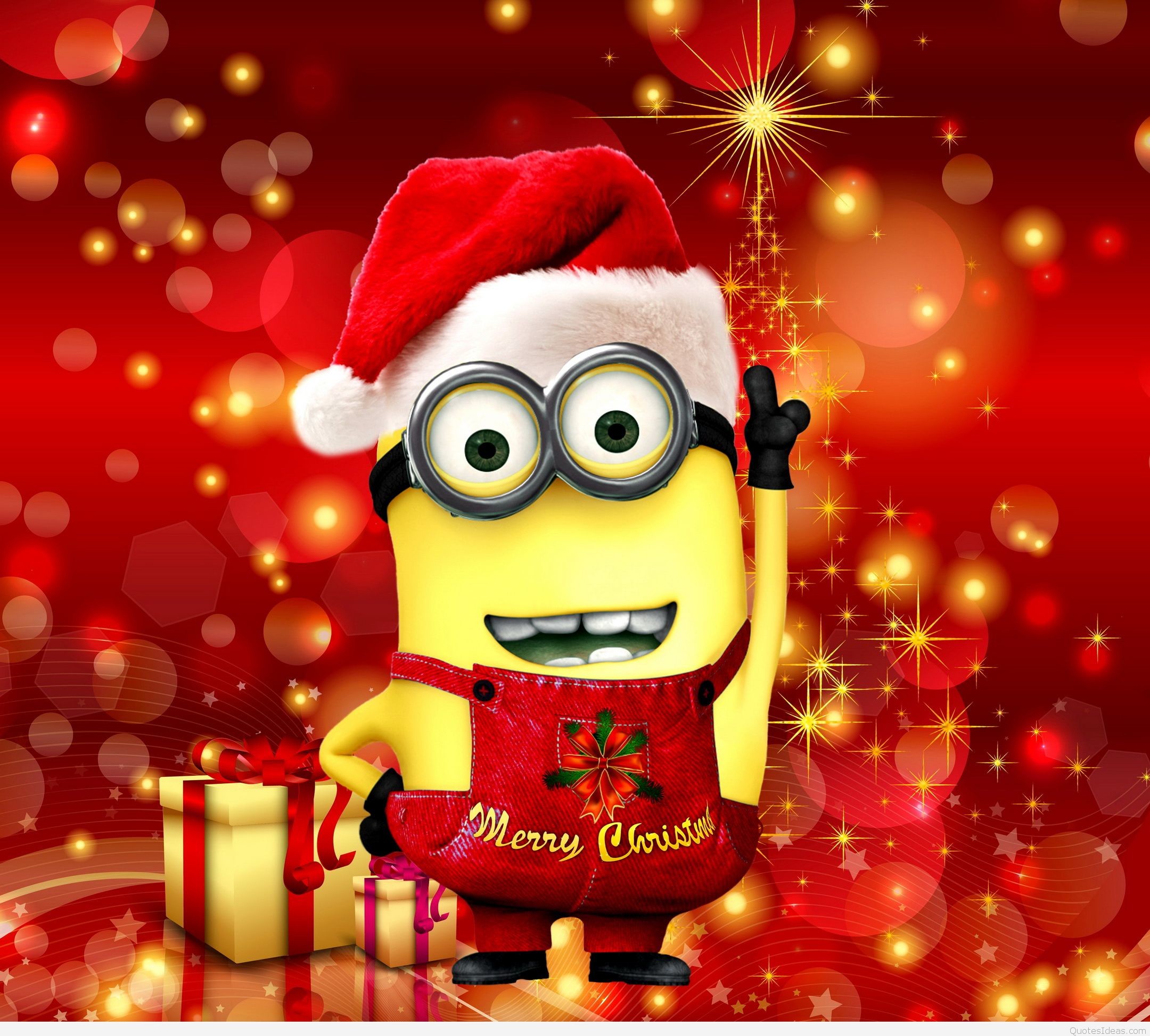 Minion, Cattivissimo me, Cappello di Babbo Natale, Regali, Bokeh rosso, sfondo per iPad