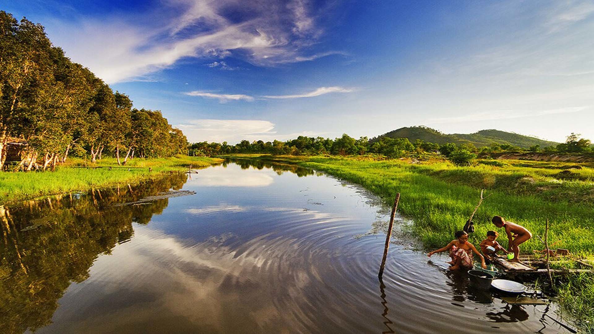 Fiume, Pescatori, Riflesso, Vegetazione, Full HD, sfondo desktop