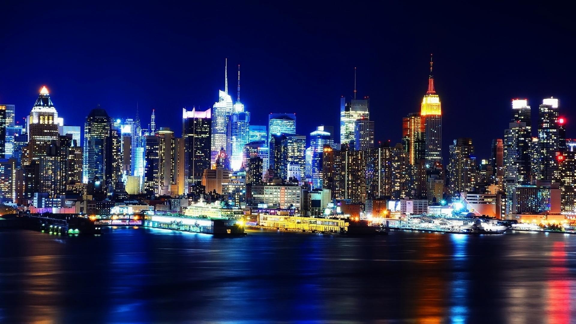 Skyline di Manhattan, Empire State Building, Fiume Hudson, Notte, sfondo 16:9 Full HD