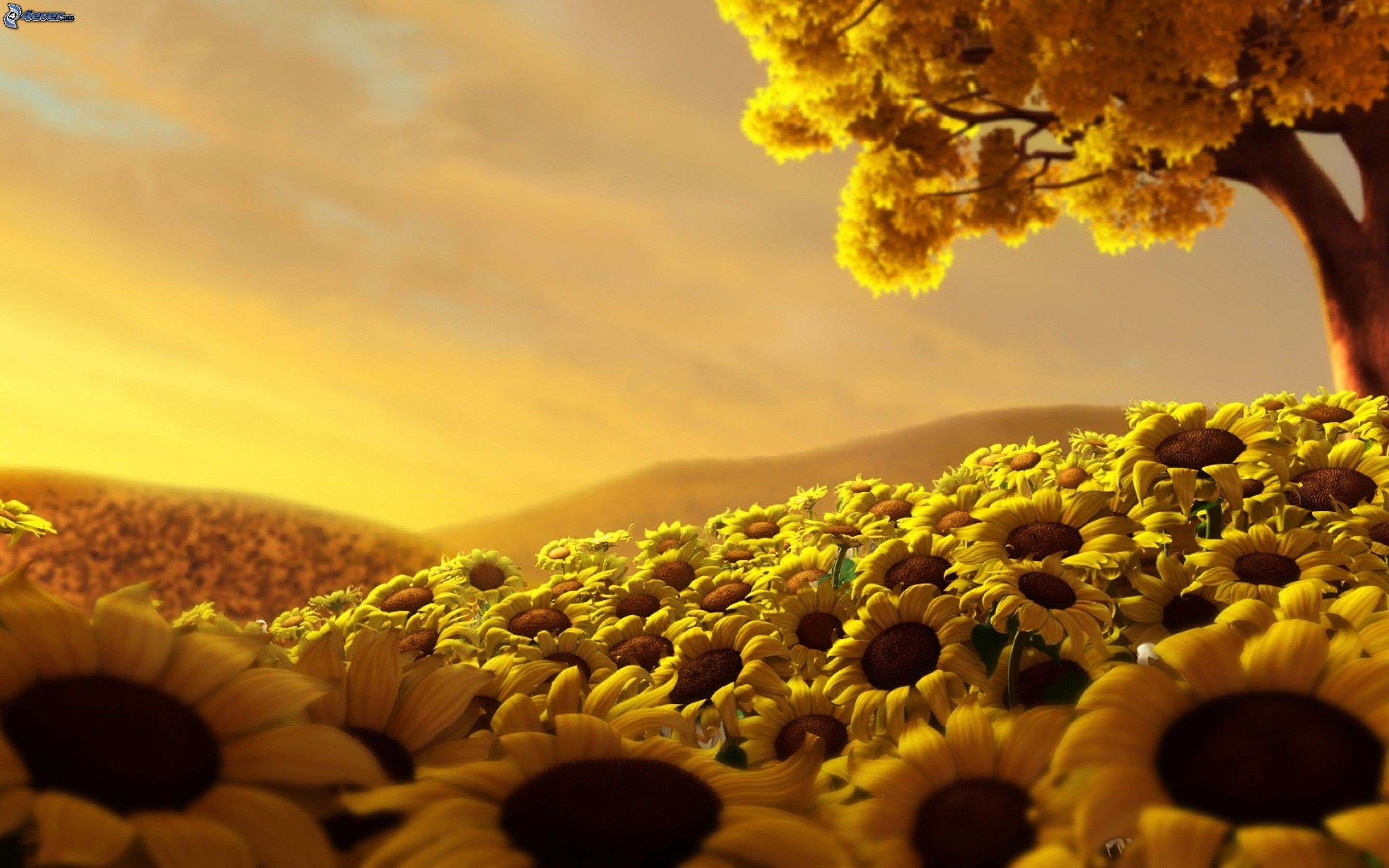 Girasoli, Campo di girasoli, Albero, Arte digitale, 2K, sfondo per portatile
