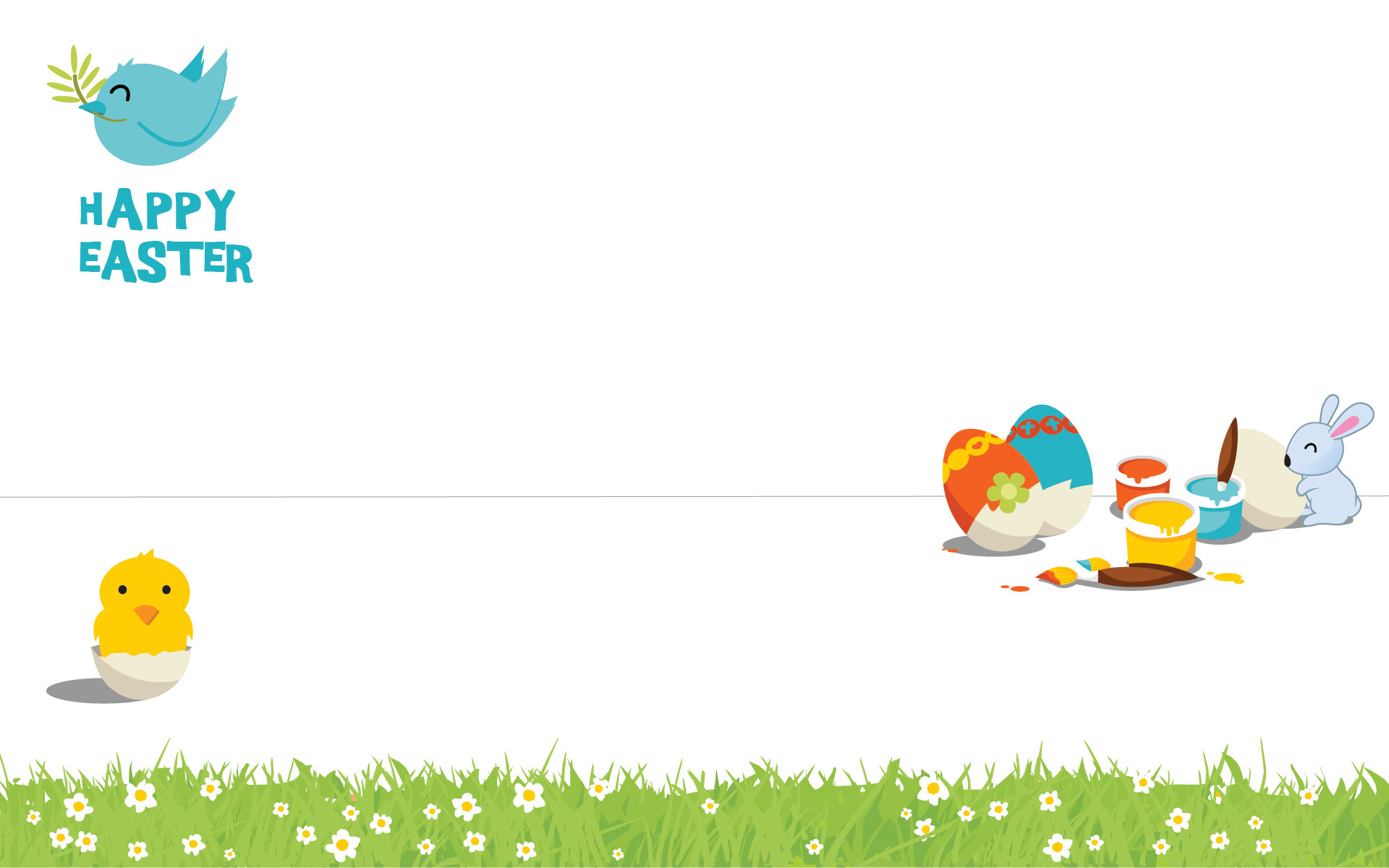 Buona Pasqua, Pulcino, Coniglietto, Uova di Pasqua, Minimalismo, Sfondo bianco, wallpaper desktop