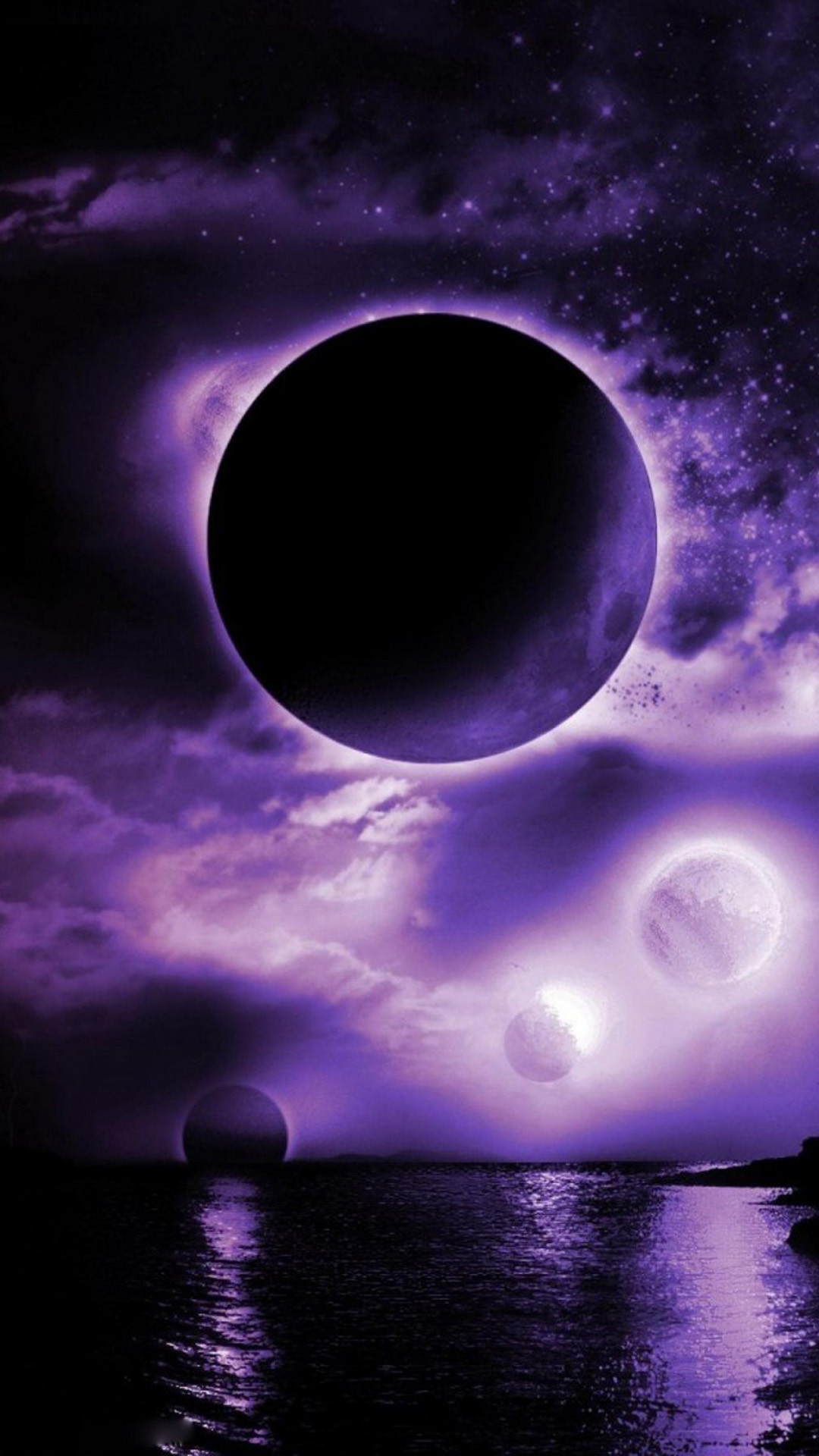 Eclissi, Pianeti, Cielo viola, Fantasy, wallpaper iPhone