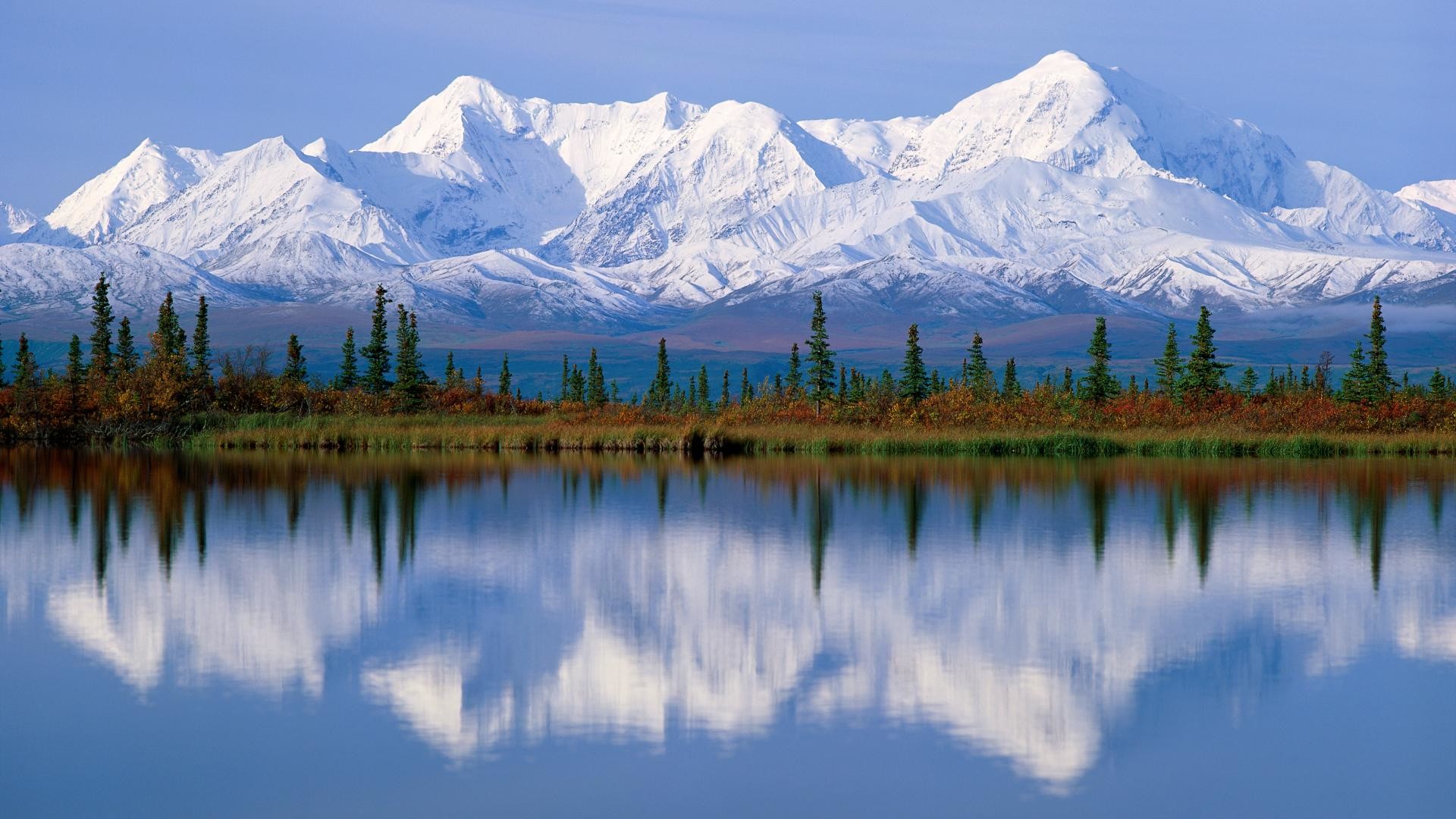 Denali, Alaska, Montagne innevate, Lago, Riflesso, 16:9 Full HD, sfondo widescreen