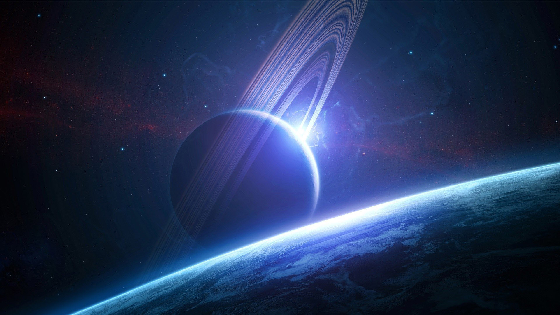 Pianeta con anelli, Eclissi, Blu, Full HD, sfondo desktop