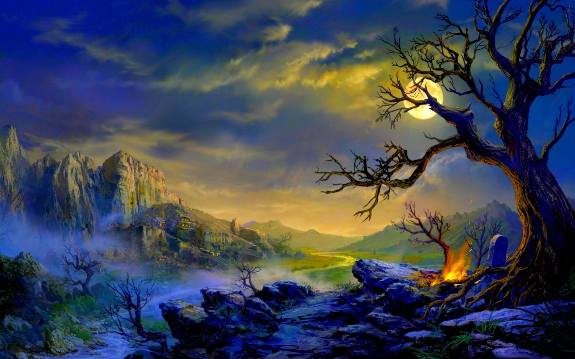 Albero contorto, Luna piena, Fantasy, Falò, Montagne, Pittura digitale, sfondo Full HD per PC