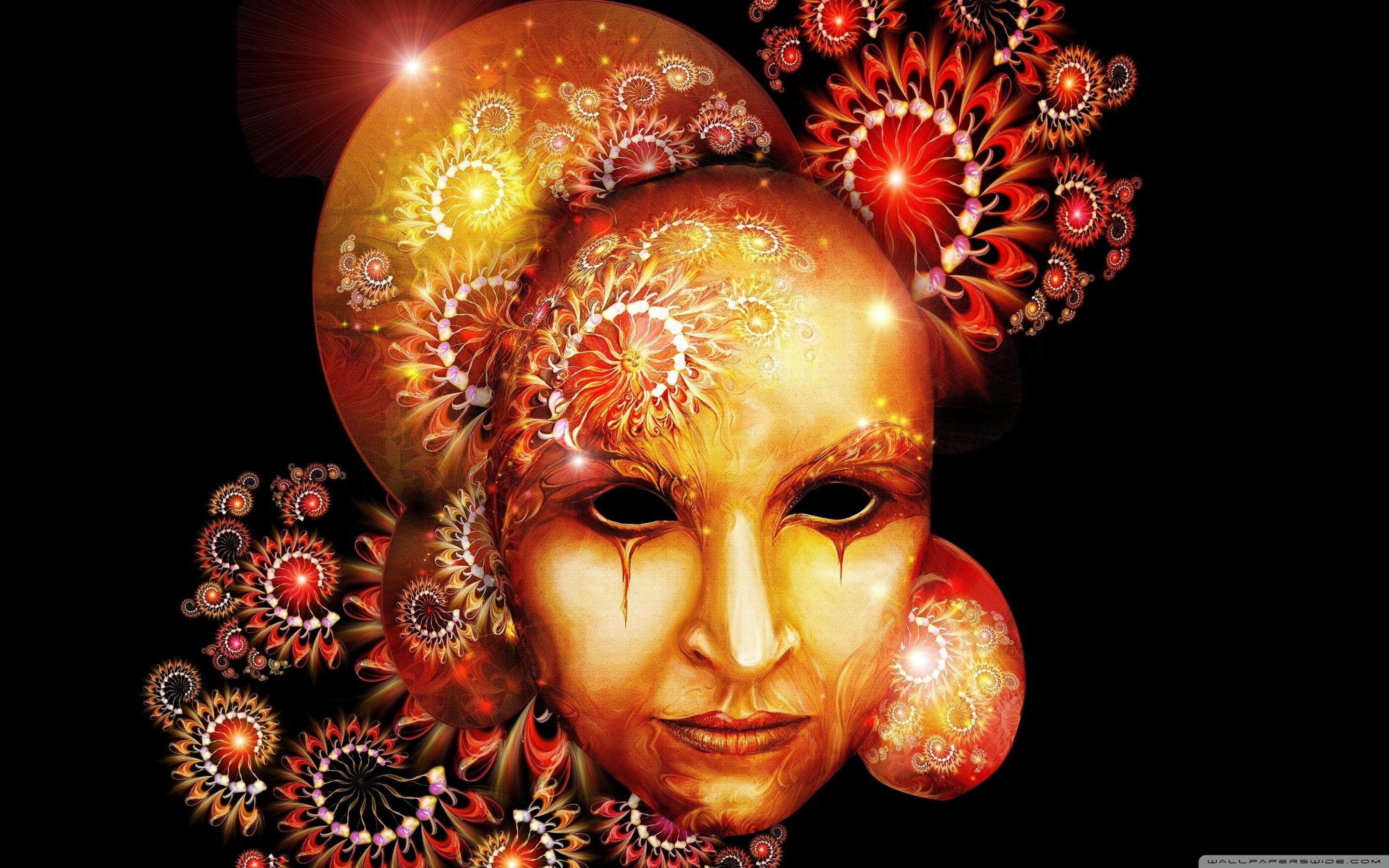 Maschera dorata, Arte frattale, Sfondo nero, Arte digitale, 2K, wallpaper desktop