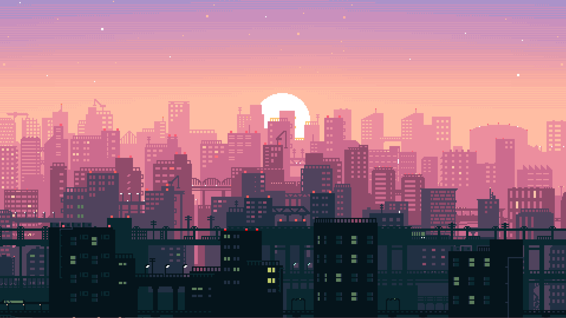 Pixel art, Skyline, Tramonto, Cielo rosa, Full HD, sfondo per PC e portatile