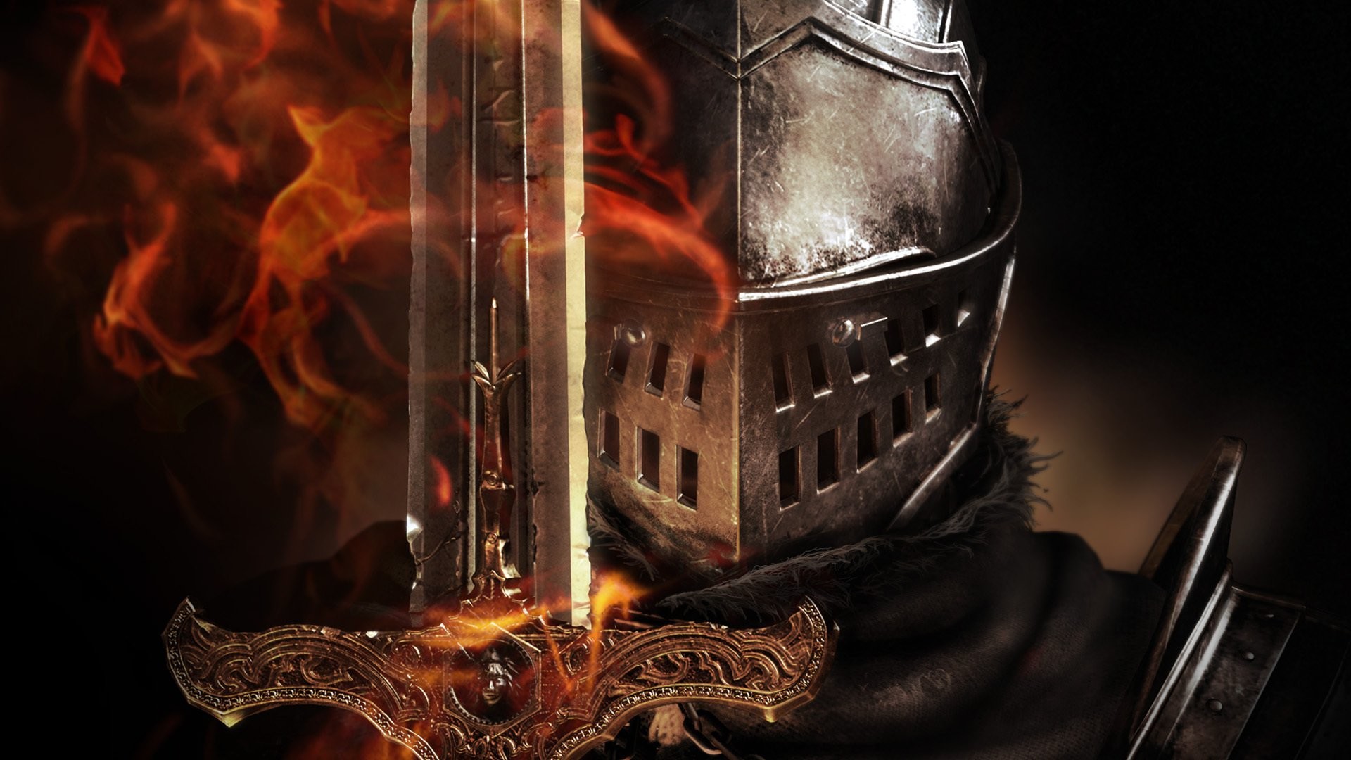 Dark Souls, Cavaliere, Spada infuocata, Elmo, Fuoco, 16:9 Full HD, sfondo widescreen