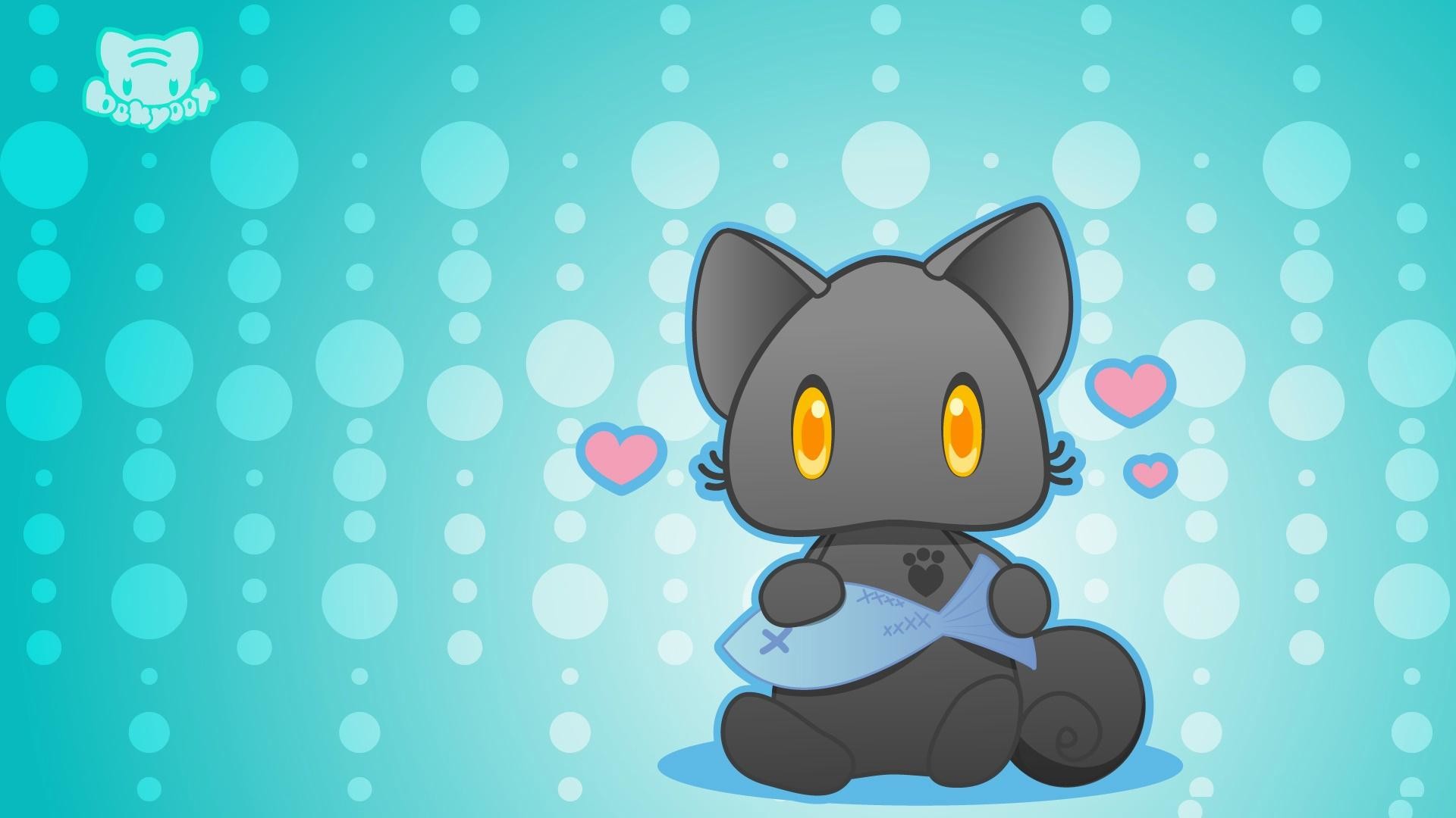 Gatto nero, Pesce, Kawaii, Verde acqua, 1920x1080, immagine di sfondo