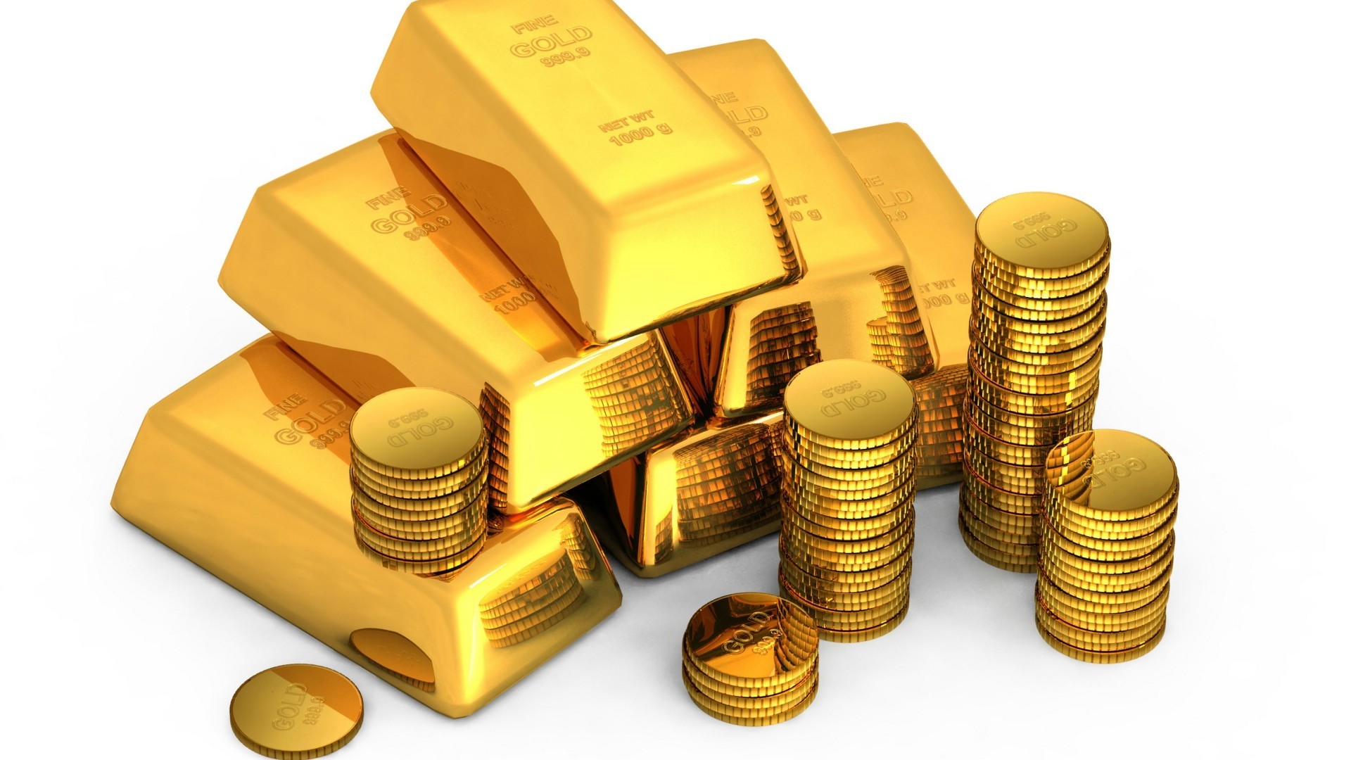 Lingotti d'oro, Monete d'oro, Oro, Sfondo bianco, 16:9 Full HD, wallpaper widescreen