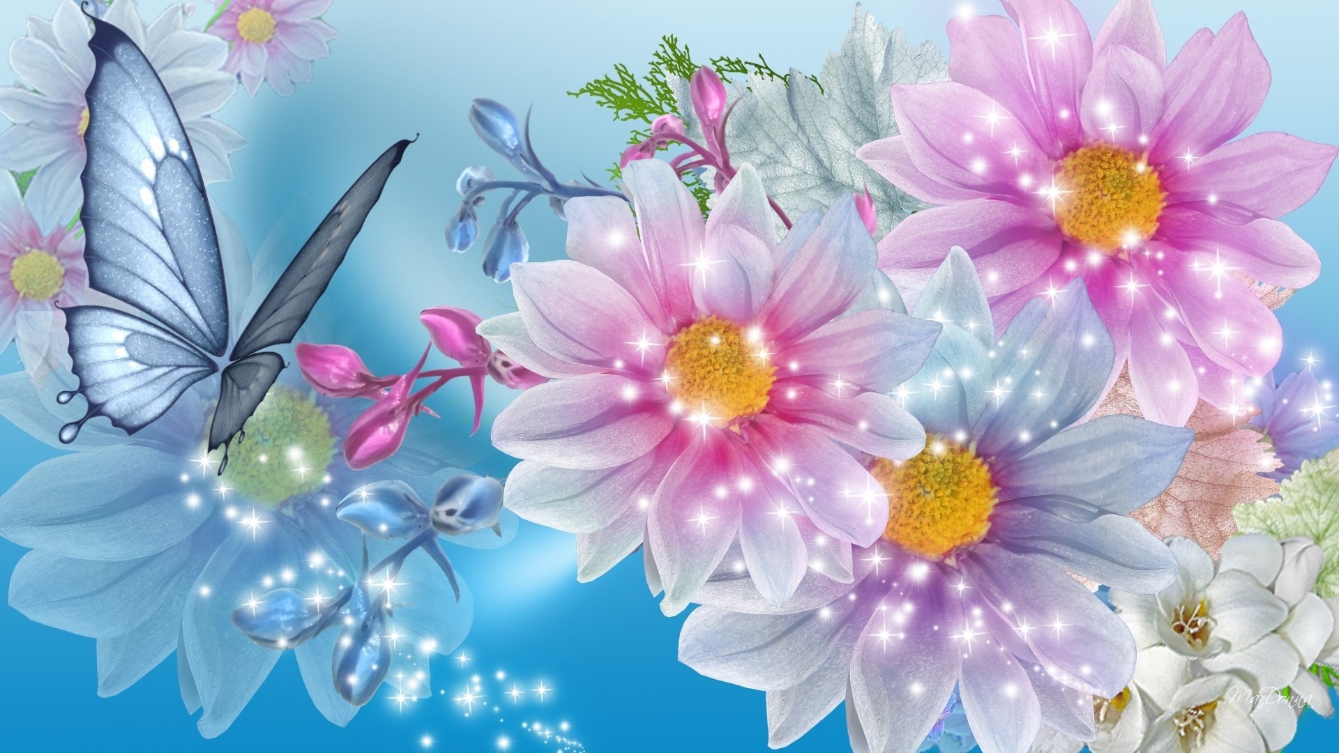 Fiori, Farfalla, Arte digitale, Brillantini, Azzurro, Full HD, sfondo per PC e portatile