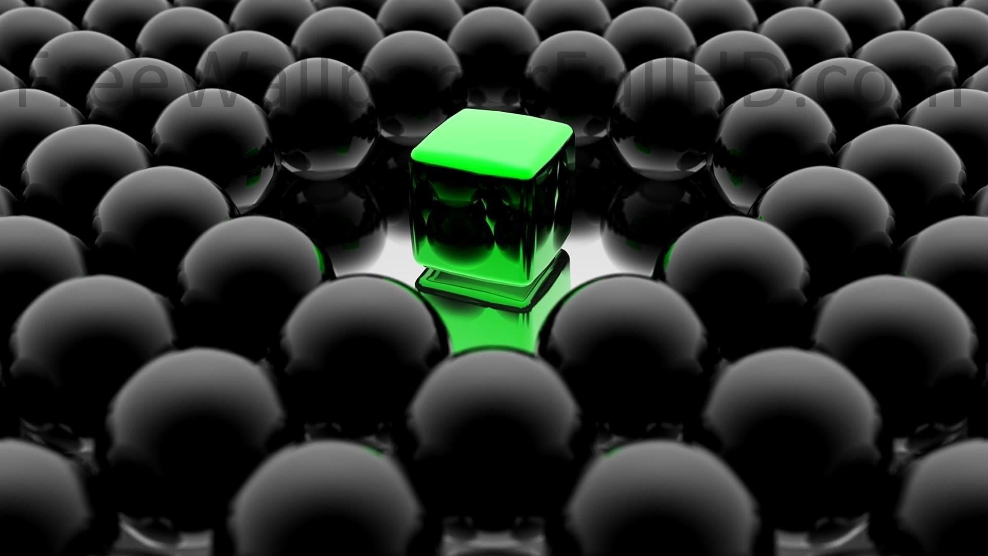 Cubo verde, Sfere nere, Rendering 3D, Distinguersi, Full HD, sfondo per PC