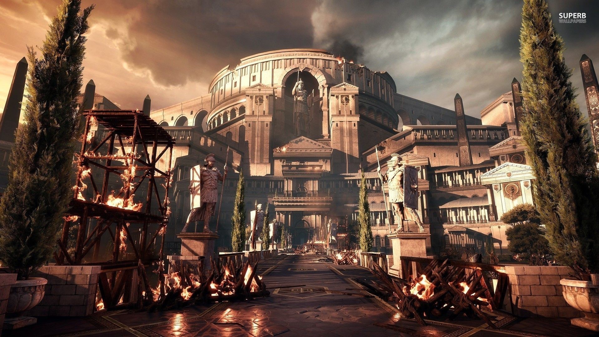 Ryse: Son of Rome, Città antica, Fuoco, Architettura, Tramonto, Full HD, wallpaper per PC