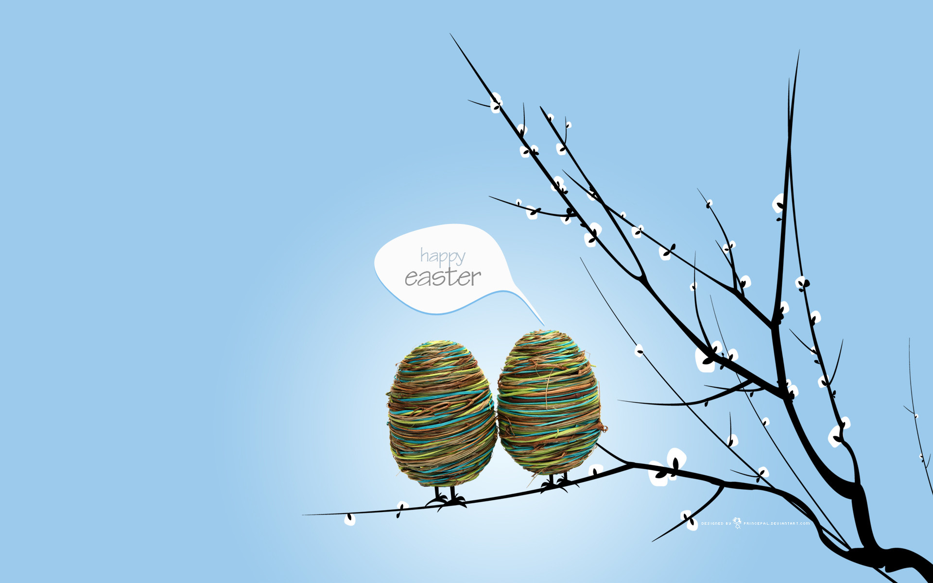 Happy Easter, Uova di Pasqua, Ramo, Minimalismo, Sfondo azzurro, wallpaper Windows 11