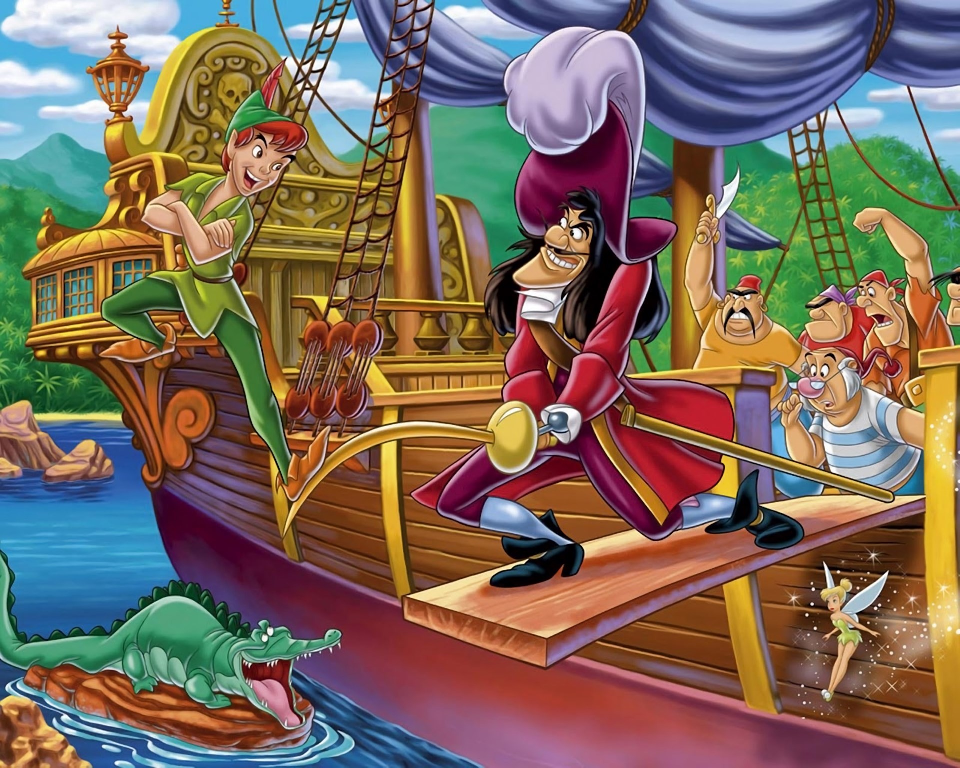 Peter Pan, Capitan Uncino, Spugna, Trilli, Nave pirata, Full HD, sfondo Windows 11