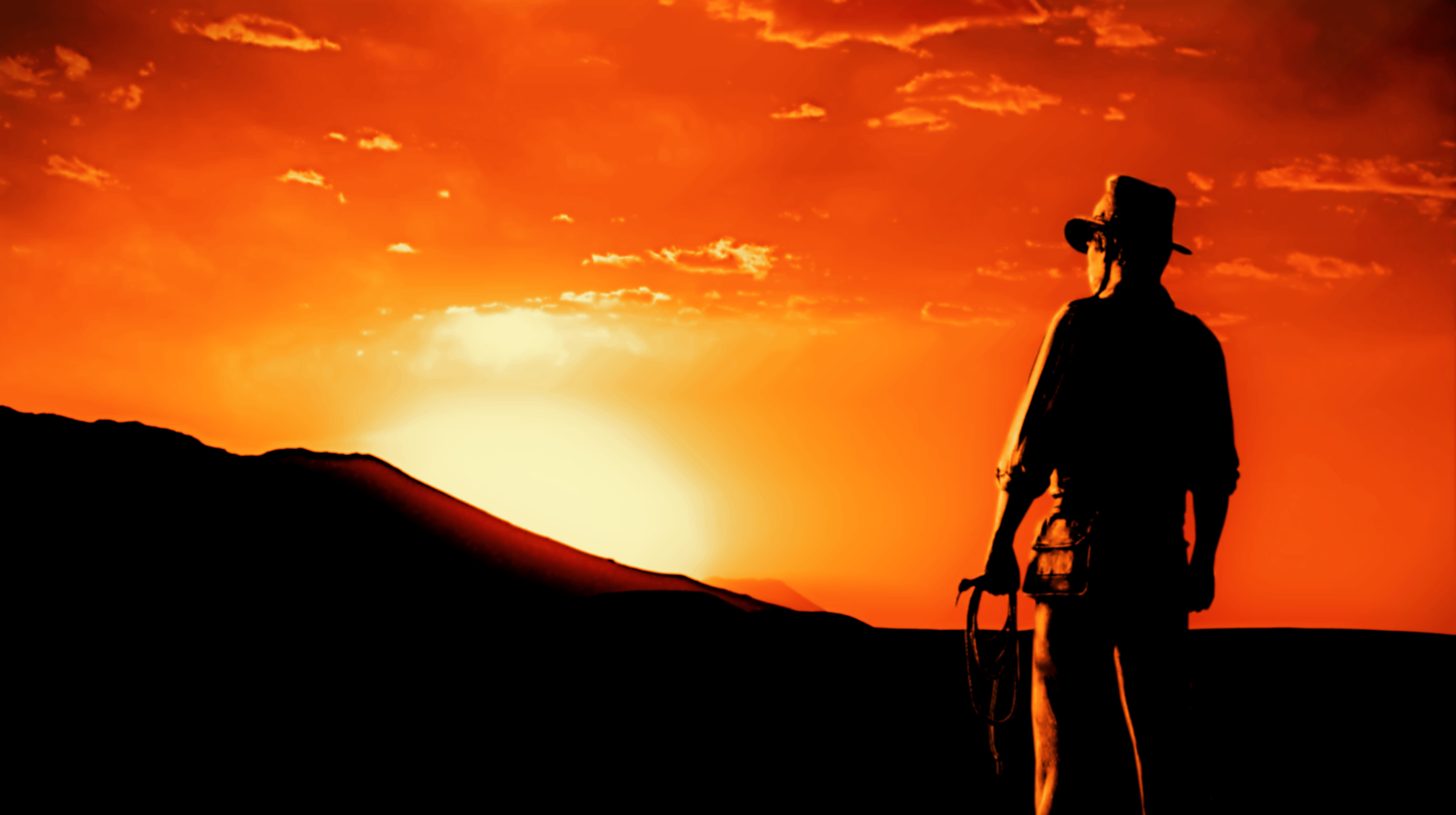 Indiana Jones, Silhouette, Tramonto rosso, Frusta, 16:9 2K, sfondo widescreen