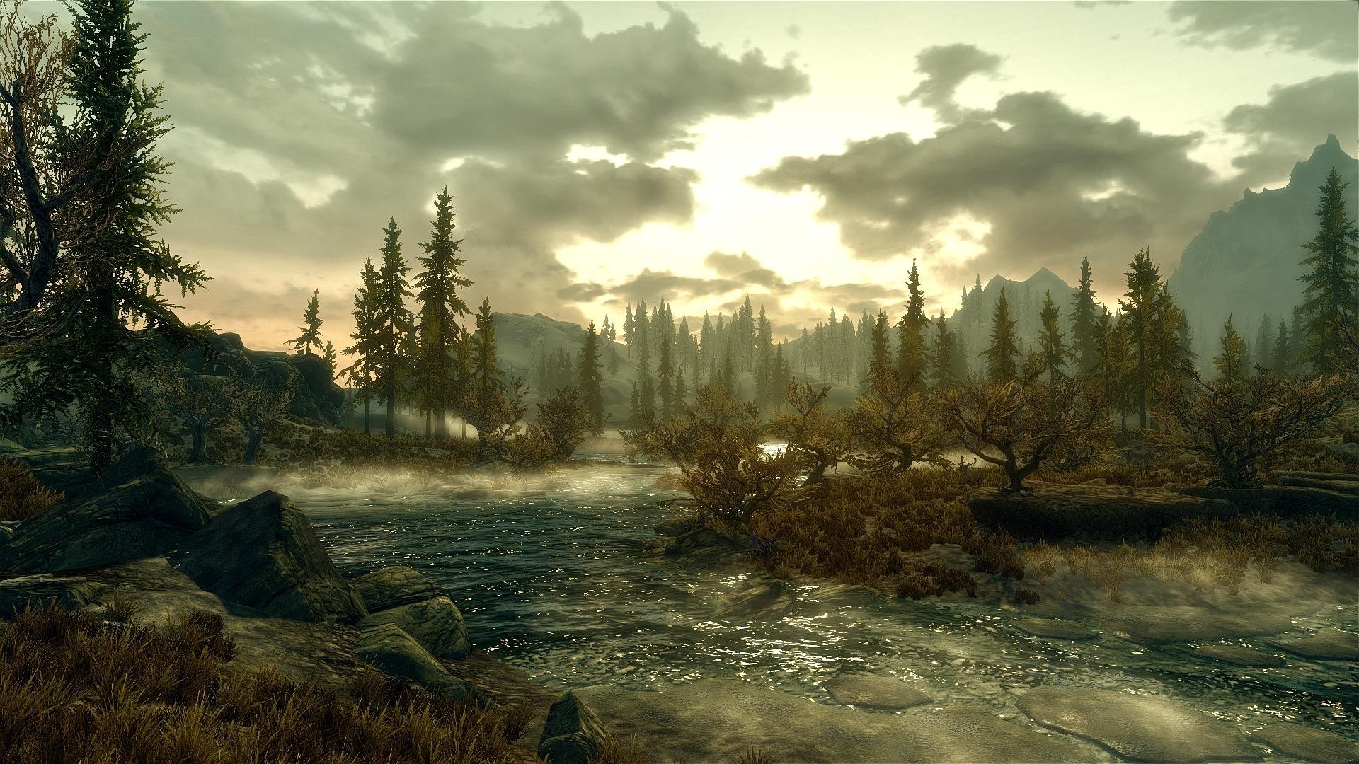 The Elder Scrolls V: Skyrim, Fiume, Foresta, Paesaggio, Full HD, sfondo Windows 11